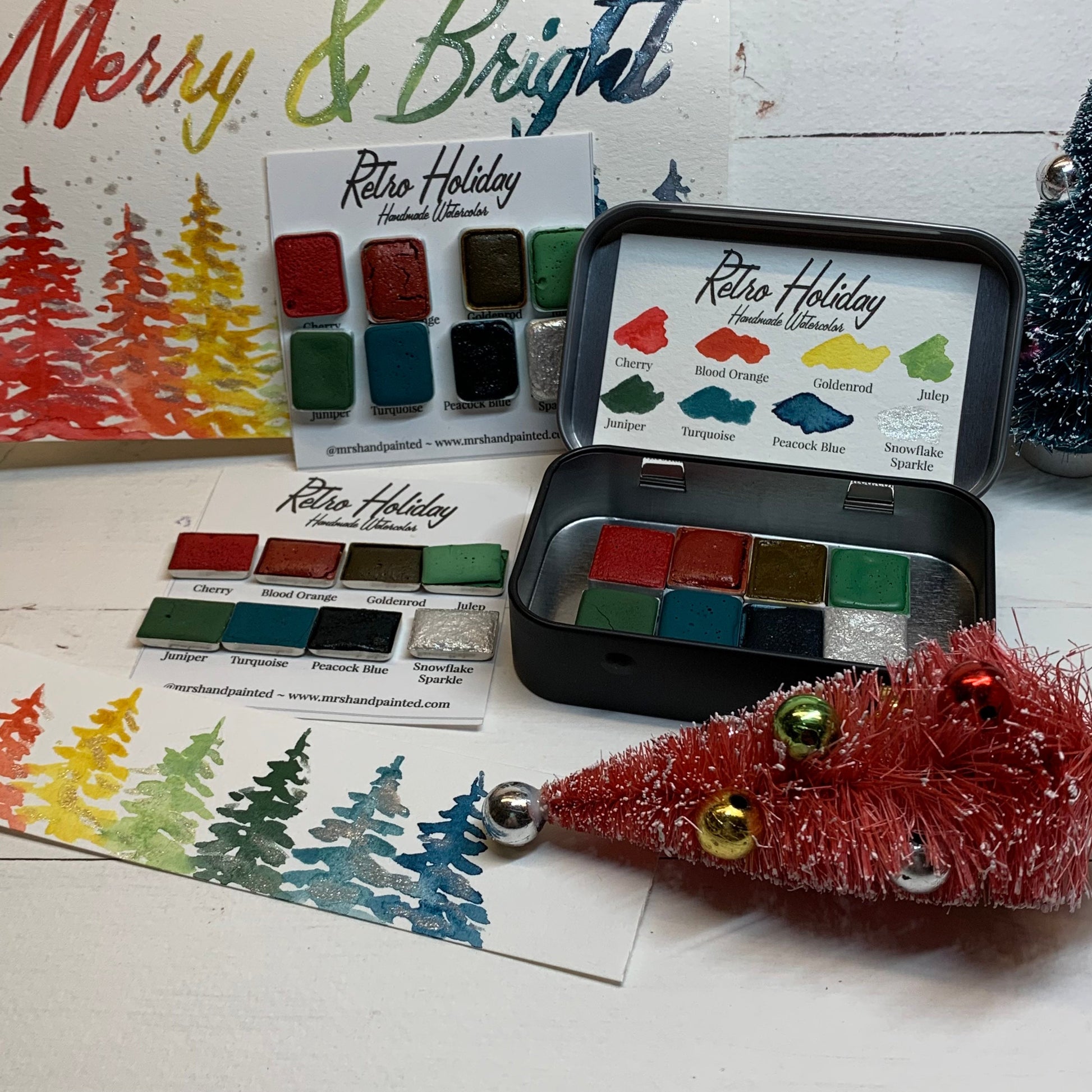 Handmade Watercolor Paints - RETRO HOLIDAY - Artisan Paint Palette, Set of 8 Half Pans, 7 Matte, 1 Shimmer, Christmas Colors