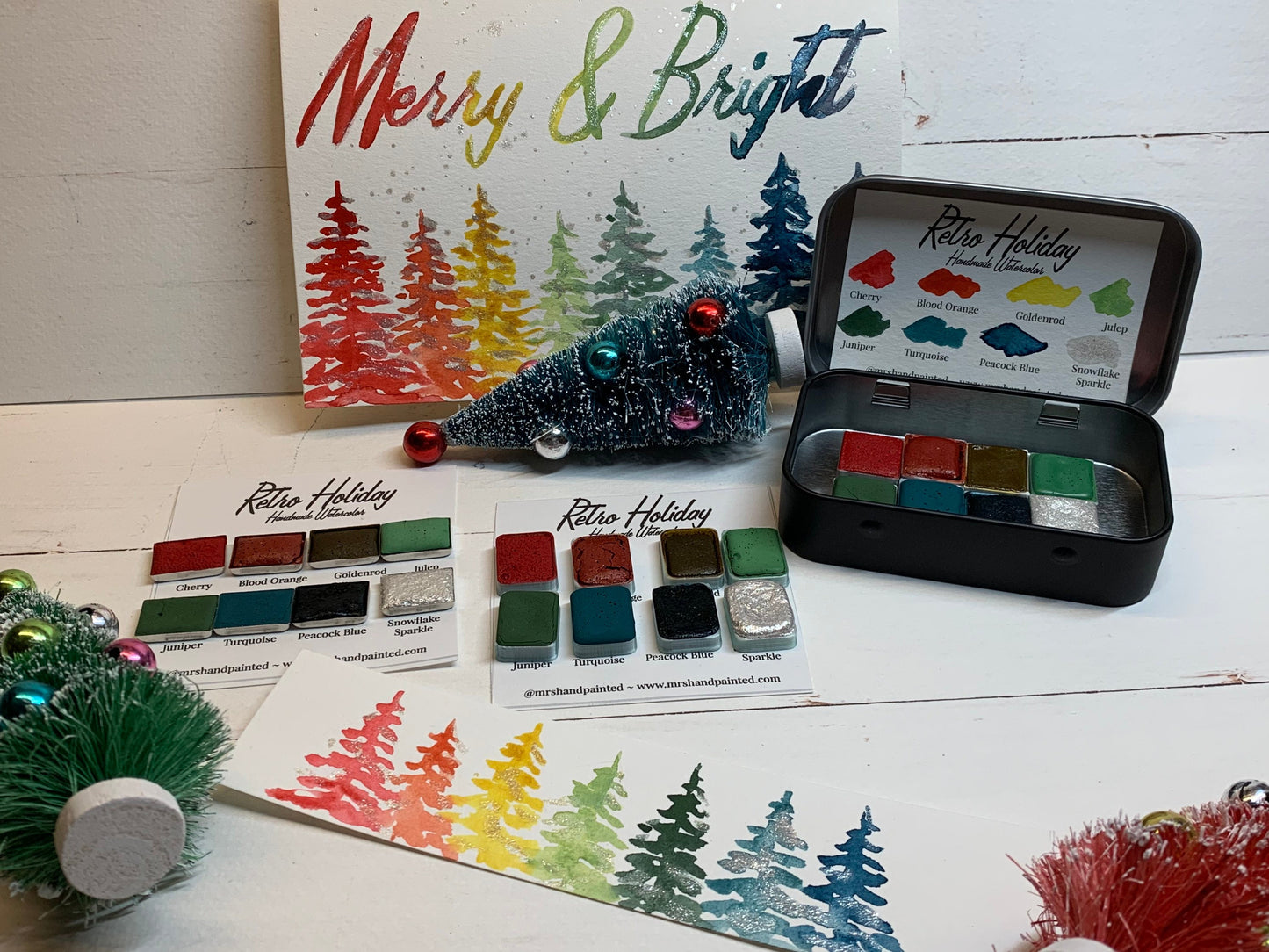 Handmade Watercolor Paints - RETRO HOLIDAY - Artisan Paint Palette, Set of 8 Half Pans, 7 Matte, 1 Shimmer, Christmas Colors