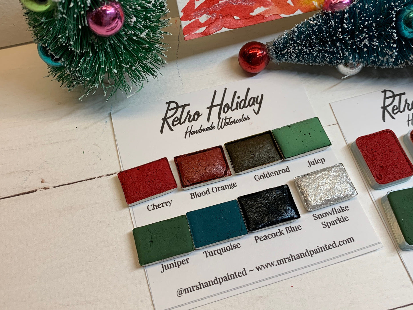 Handmade Watercolor Paints - RETRO HOLIDAY - Artisan Paint Palette, Set of 8 Half Pans, 7 Matte, 1 Shimmer, Christmas Colors