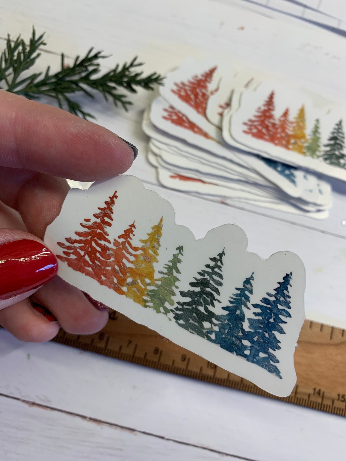 Rainbow Holiday Pine Trees Die Cut Laminated Vinyl Stickers, Waterproof Glossy Vinyl