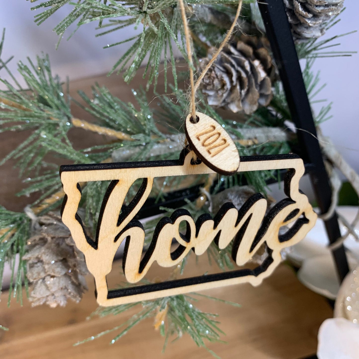 Laser Cut Wood "Home" Iowa State Shaped Ornaments - With 2021 Charm - unfinished or Stained wood finish