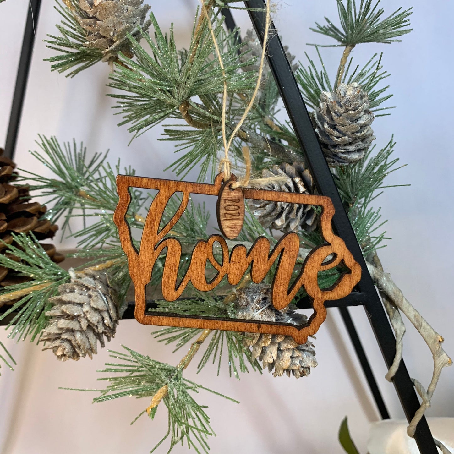 Laser Cut Wood "Home" Iowa State Shaped Ornaments - With 2021 Charm - unfinished or Stained wood finish