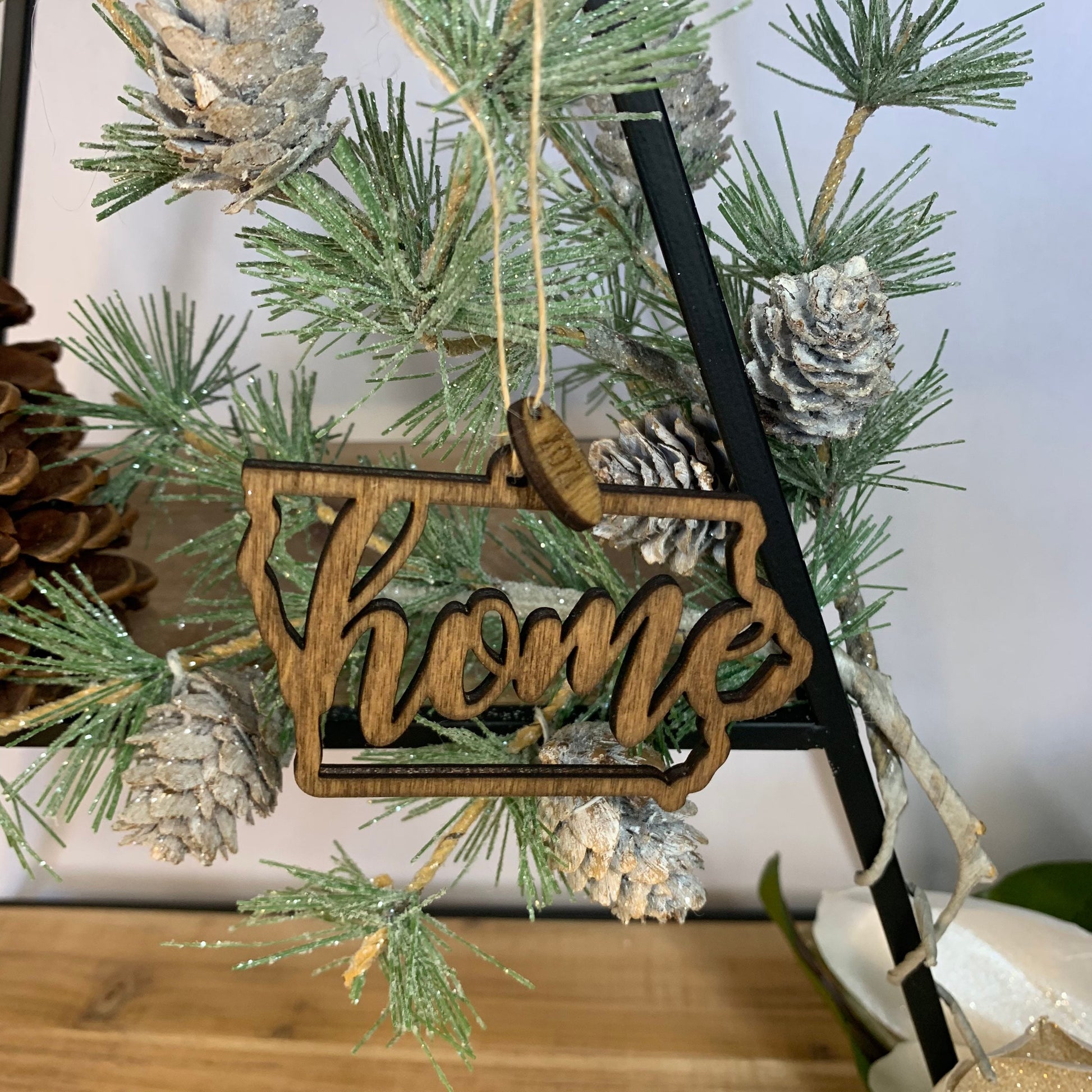 Laser Cut Wood "Home" Iowa State Shaped Ornaments - With 2021 Charm - unfinished or Stained wood finish