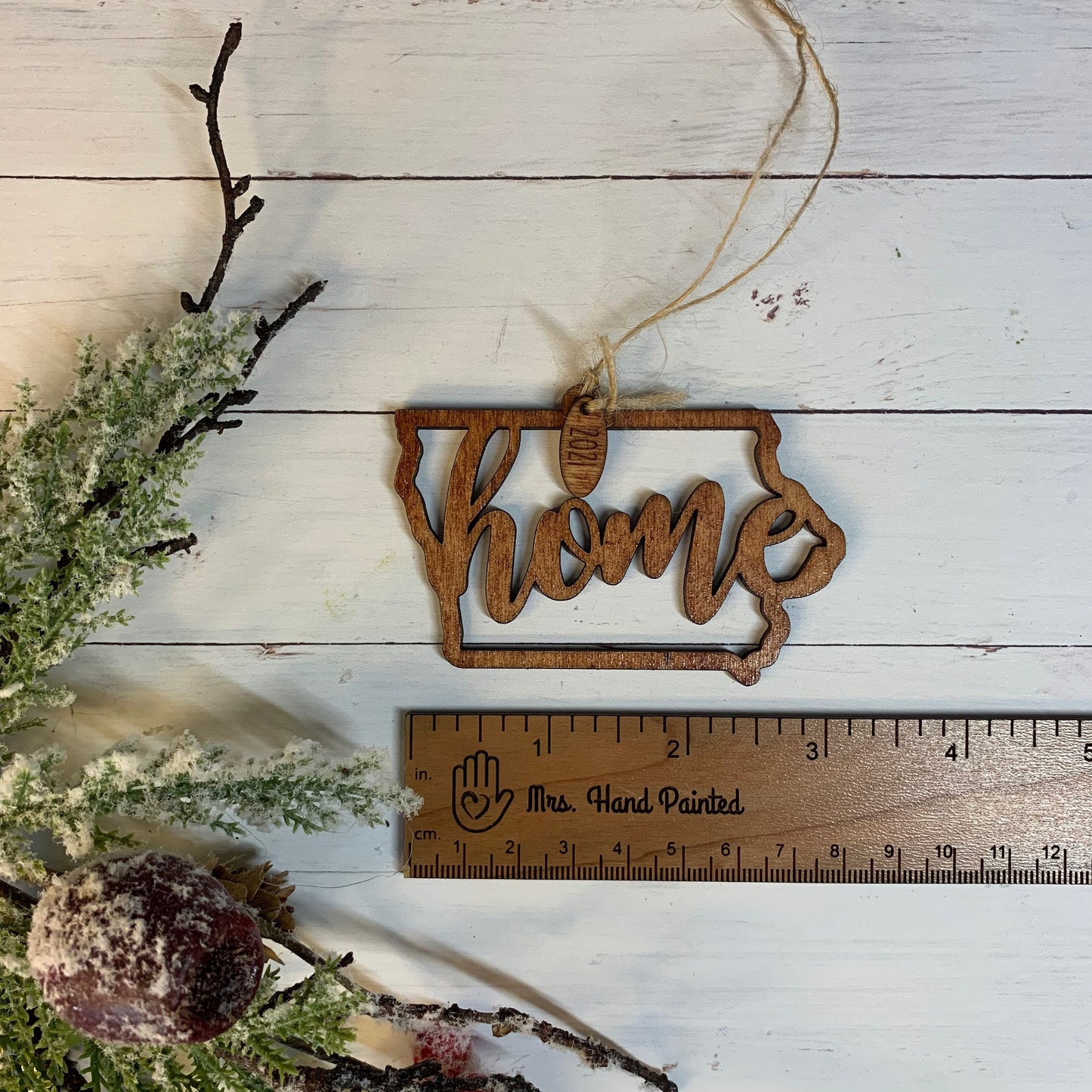 Laser Cut Wood "Home" Iowa State Shaped Ornaments - With 2021 Charm - unfinished or Stained wood finish