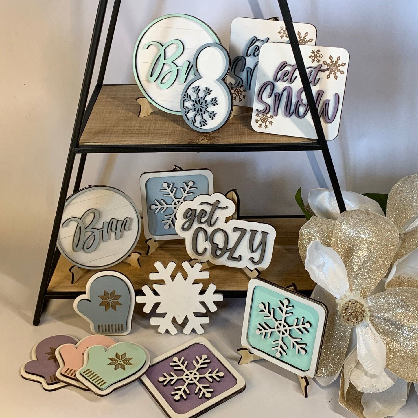 Snowflake and Snowman Winter Tiered Tray Decor - Laser Cut Wood Painted, Custom Painted or Pastel Colors