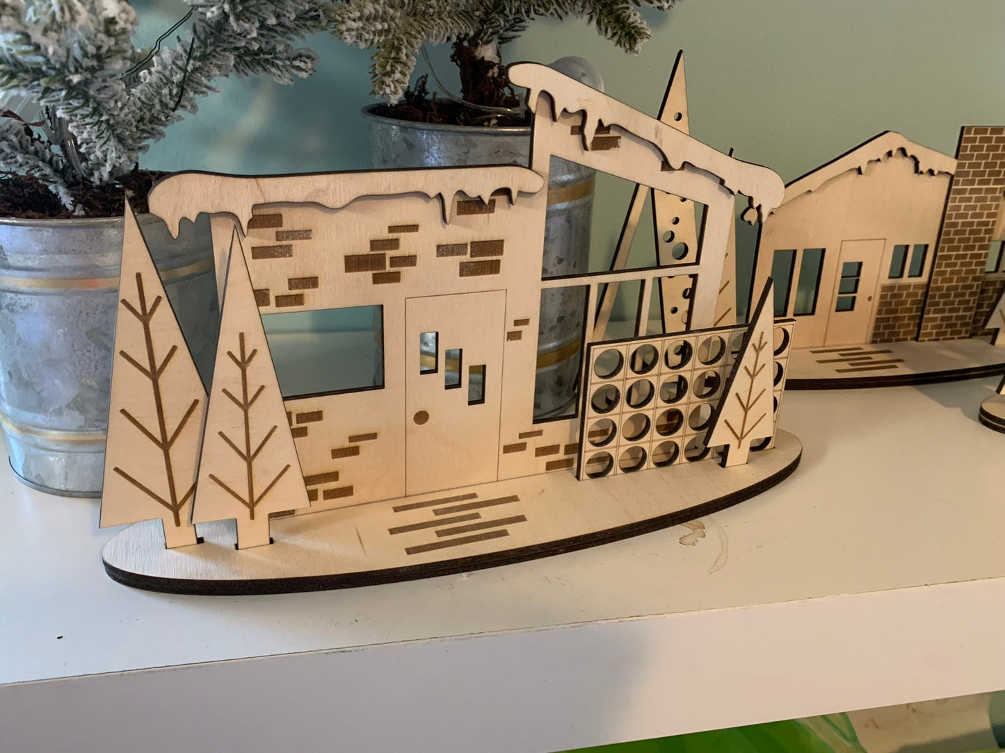 Retro Holiday LARGE Christmas Putz House Village - Laser Cut Wood, Mid Century Modern Theme Decorations, Vintage Style Holiday Village