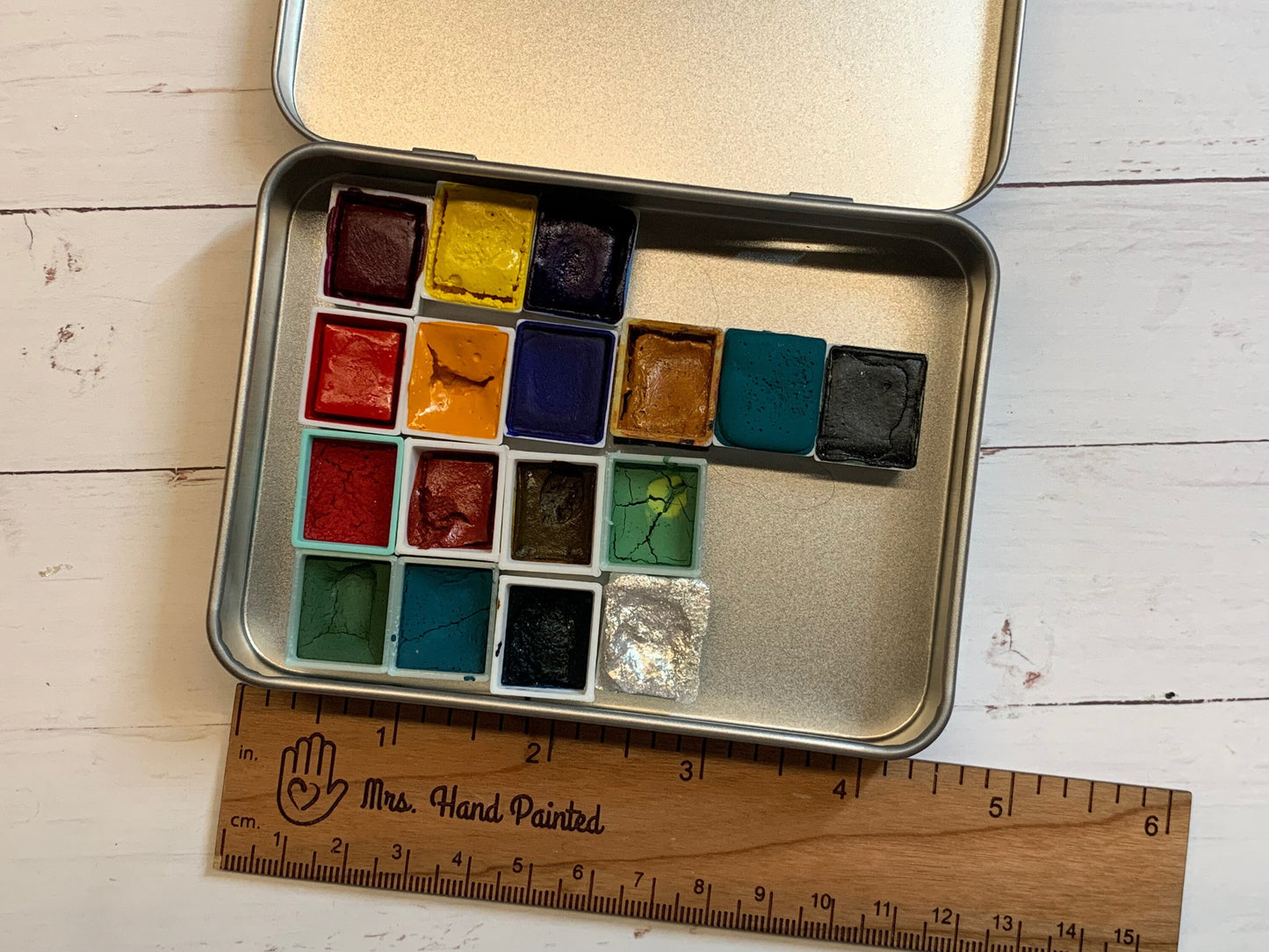 Medium Watercolor Storage Tin - Travel Watercolor Palette - Mrs Hand Painted Paint Storage Tin - 4 1/2”x 3 1/4” x 7/8”