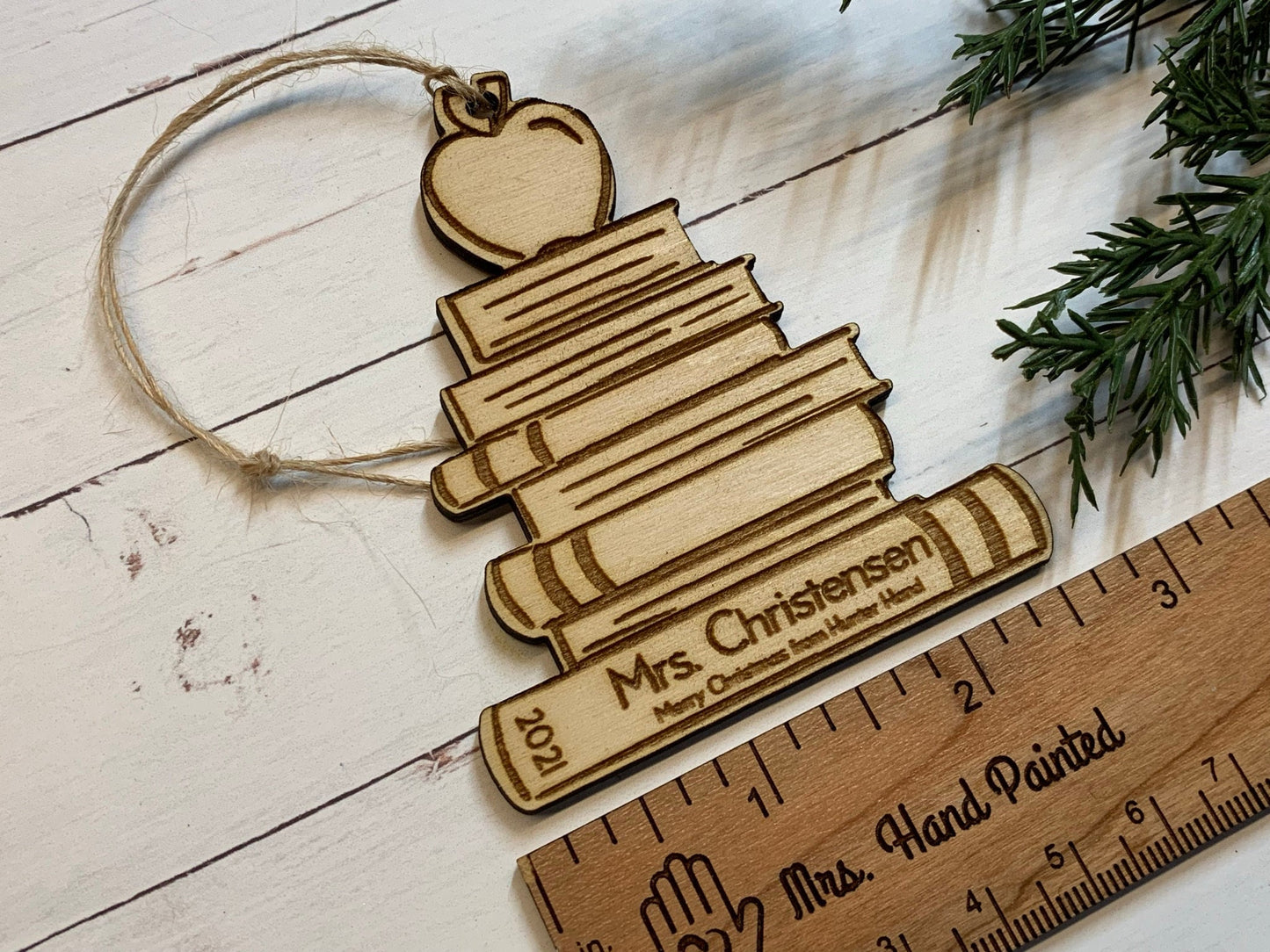 Laser Cut Wood Book Stack with an Apple Ornament - Personalized Teacher Gift, Gift for Librarian or Teacher