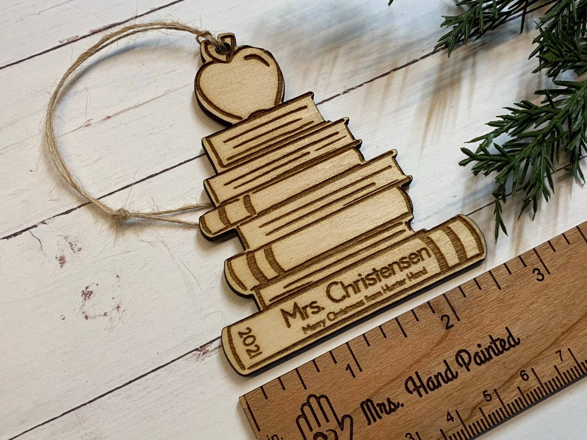 Digital Cut File - Laser Cut Wood Book Stack with an Apple Ornament - Personalized Teacher Gift, Gift for Librarian or Teacher