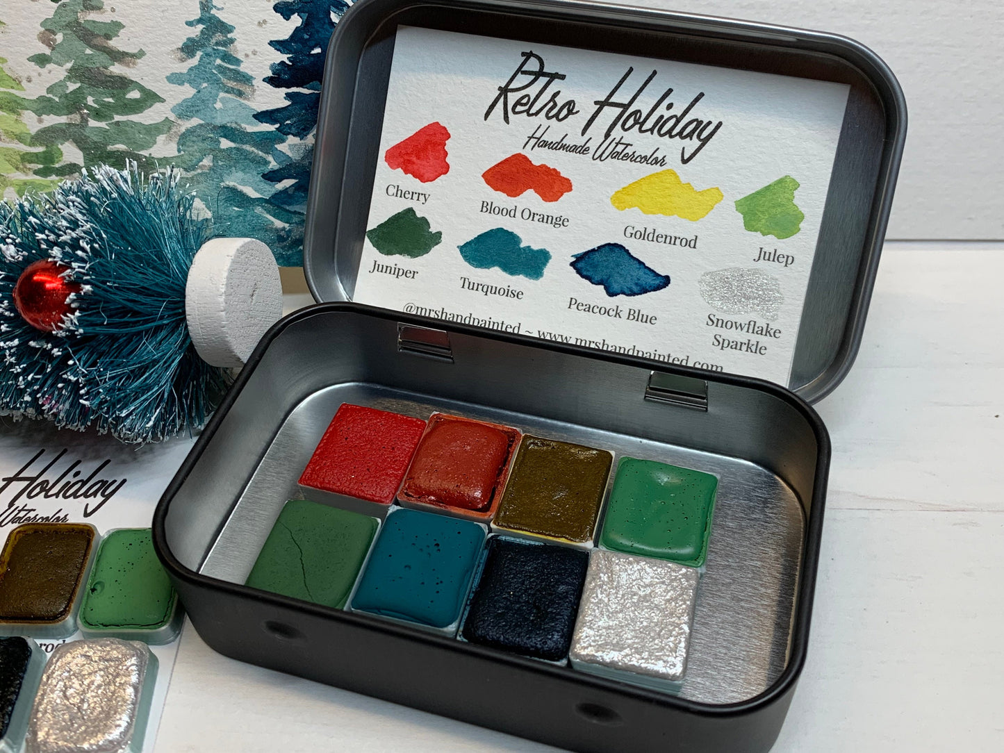 Handmade Watercolor Paints - RETRO HOLIDAY - Artisan Paint Palette, Set of 8 Half Pans, 7 Matte, 1 Shimmer, Christmas Colors