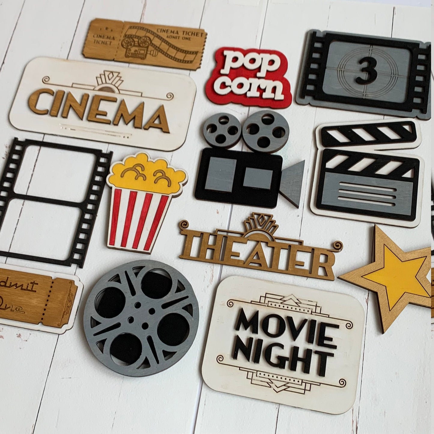 Retro Movie Theater - Movie Night Theme Tiered Tray Decor - Laser Cut Wood Painted, Art Deco, Mid Century Modern, Cinema, Theater