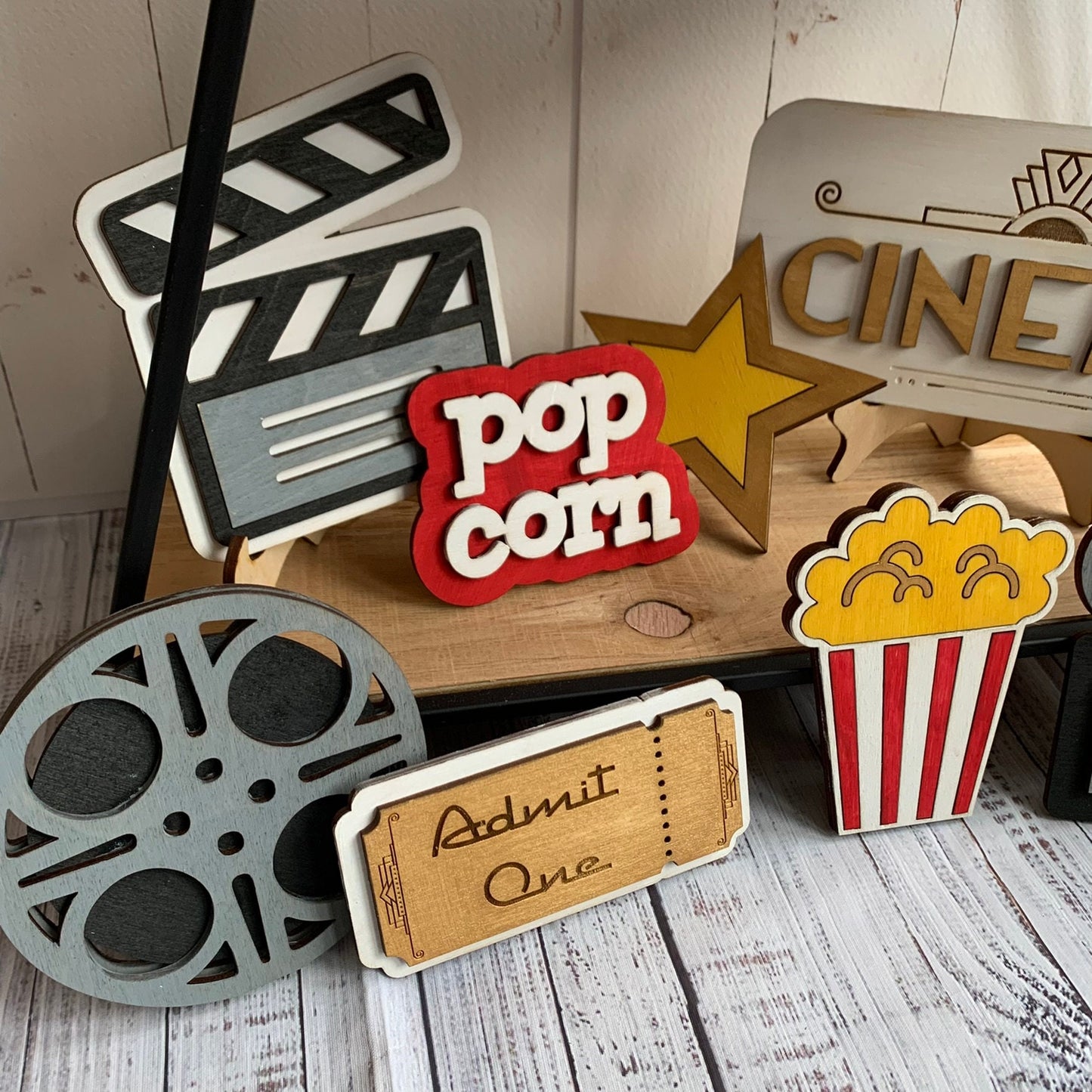 Retro Movie Theater - Movie Night Theme Tiered Tray Decor - Laser Cut Wood Painted, Art Deco, Mid Century Modern, Cinema, Theater