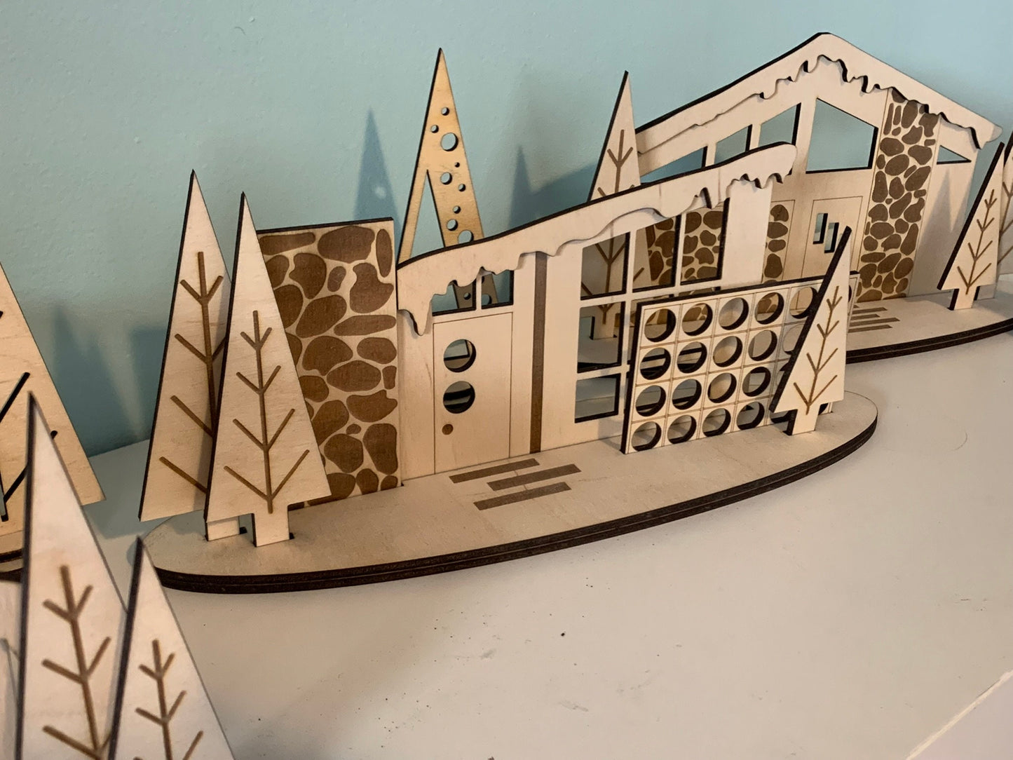 Retro Holiday LARGE Christmas Putz House Village - Laser Cut Wood, Mid Century Modern Theme Decorations, Vintage Style Holiday Village