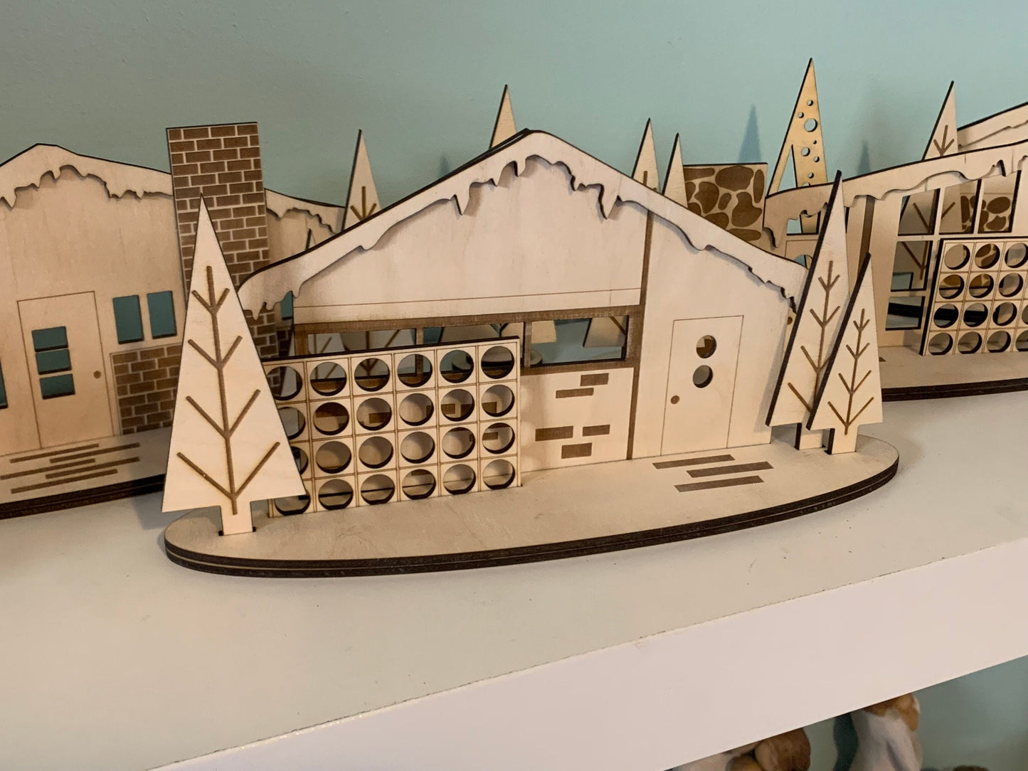 Retro Holiday LARGE Christmas Putz House Village - Laser Cut Wood, Mid Century Modern Theme Decorations, Vintage Style Holiday Village