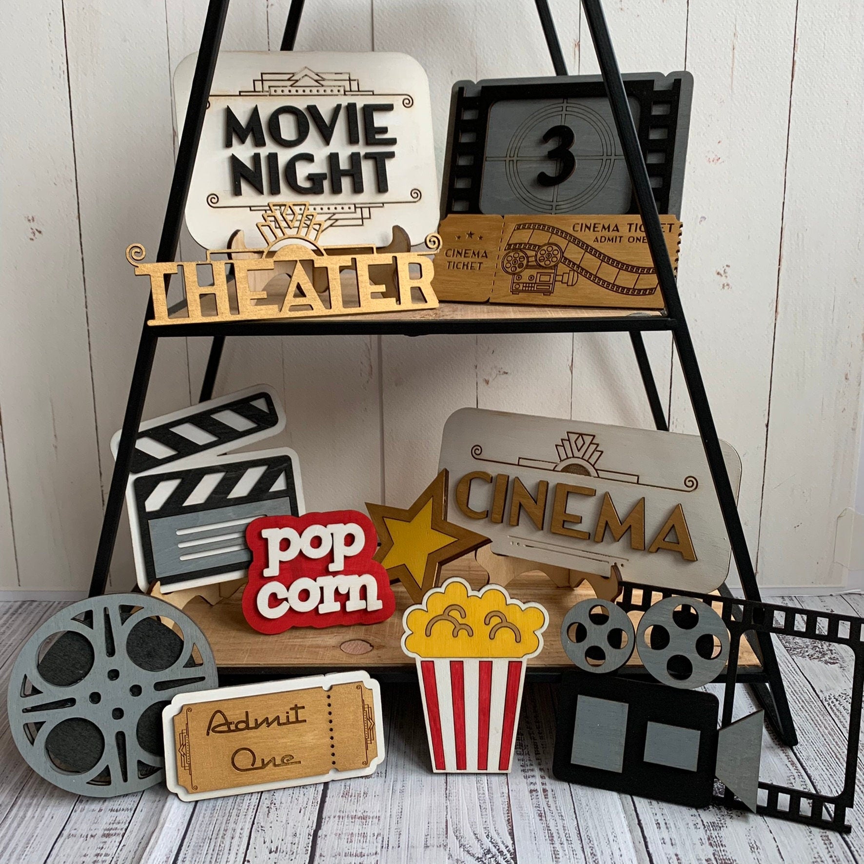 Retro Movie Theater - Movie Night Theme Tiered Tray Decor - Laser Cut Wood Painted, Art Deco, Mid Century Modern, Cinema, Theater