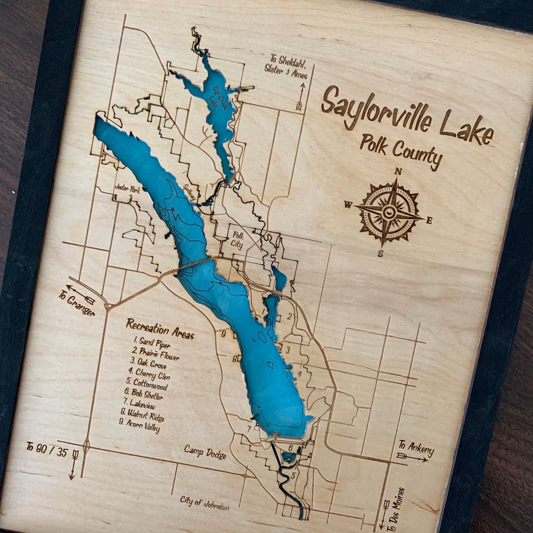 Laser Cut Engraved Wood Lake Map - Saylorville Lake, Des Moines, Iowa - Custom Lake Map Framed