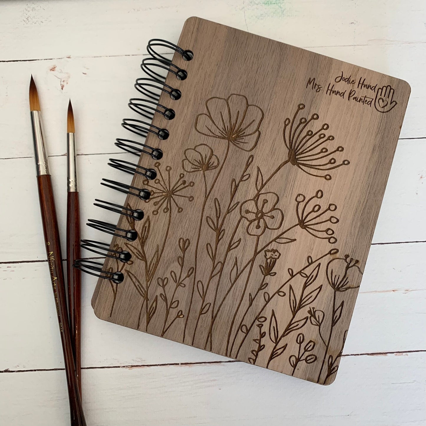 Personalized Watercolor Sketchbook, Hand Drawn Floral Doodles Laser Engraved Wood, Spiral Binding with Cotton Watercolor Paper