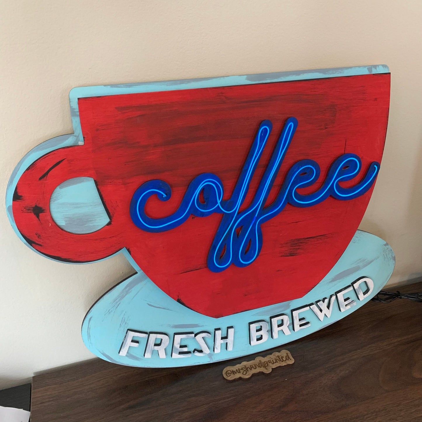 Faux Neon Coffee Cup Sign - Retro Style Wall Hanging - Laser Cut Wood - Fresh Brewed Coffee Neon Sign