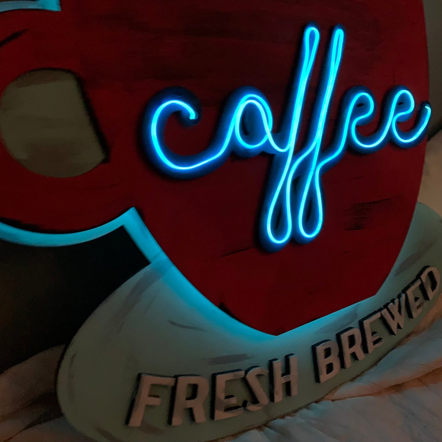 Faux Neon Coffee Cup Sign - Retro Style Wall Hanging - Laser Cut Wood - Fresh Brewed Coffee Neon Sign