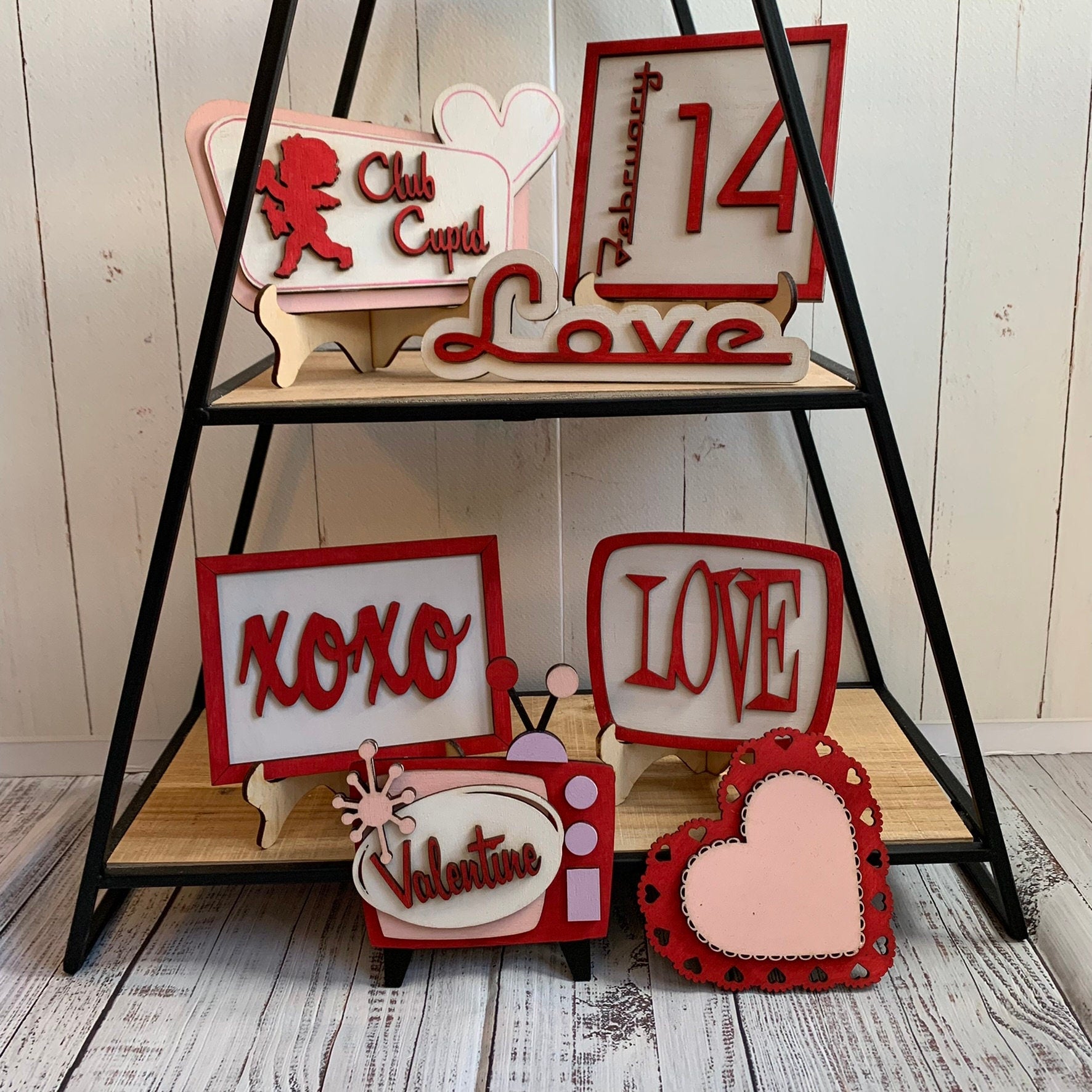 Retro Valentine's Day Tiered Tray Decor - Laser Cut Wood Painted, Mid Century Modern, Vintage Style Decorations