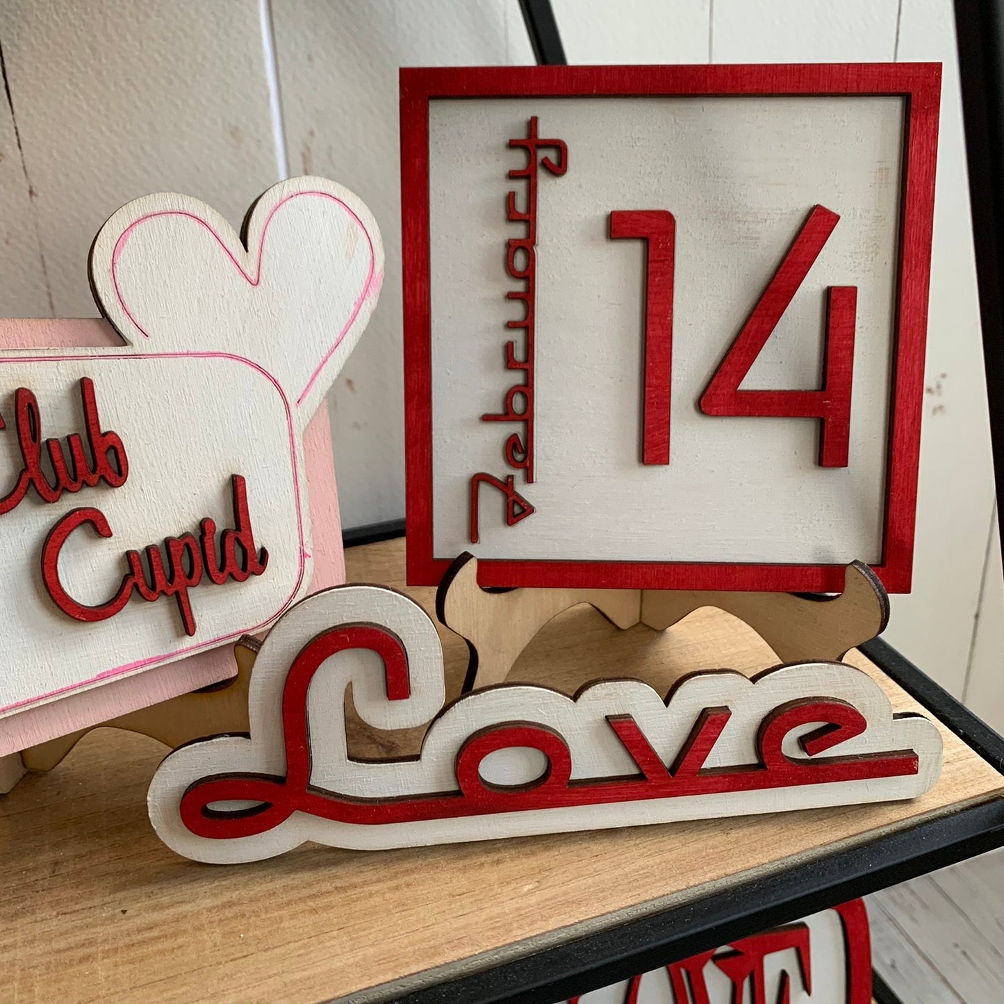 Retro Valentine's Day Tiered Tray Decor - Laser Cut Wood Painted, Mid Century Modern, Vintage Style Decorations
