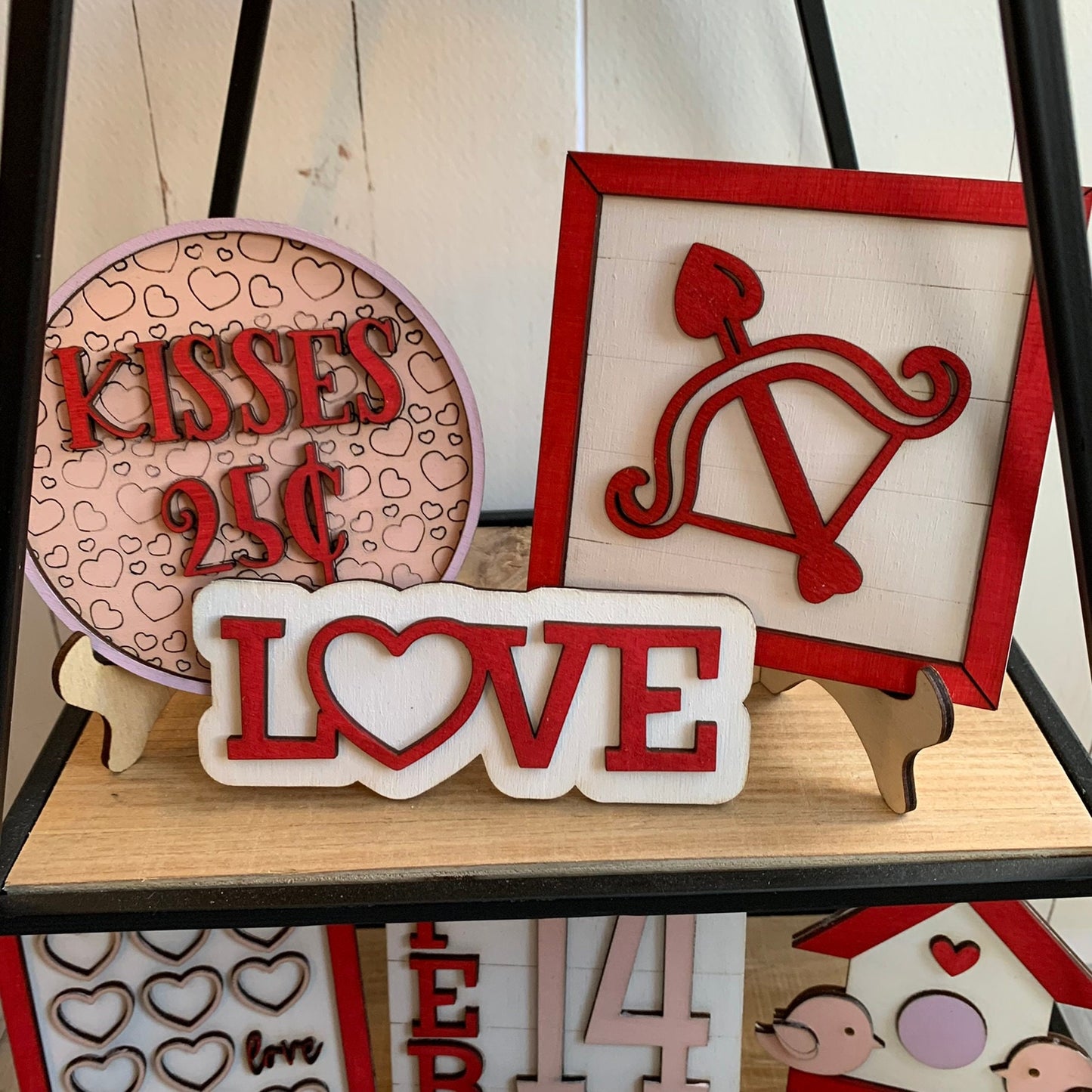 Valentine's Day Tiered Tray Decor - Laser Cut Wood Painted, Love and Kisses Signs, Small Home Decorations for Valentine's Day
