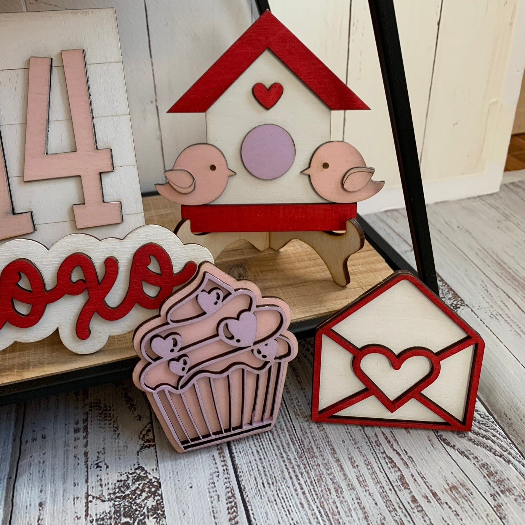 Valentine's Day Tiered Tray Decor - Laser Cut Wood Painted, Love and Kisses Signs, Small Home Decorations for Valentine's Day