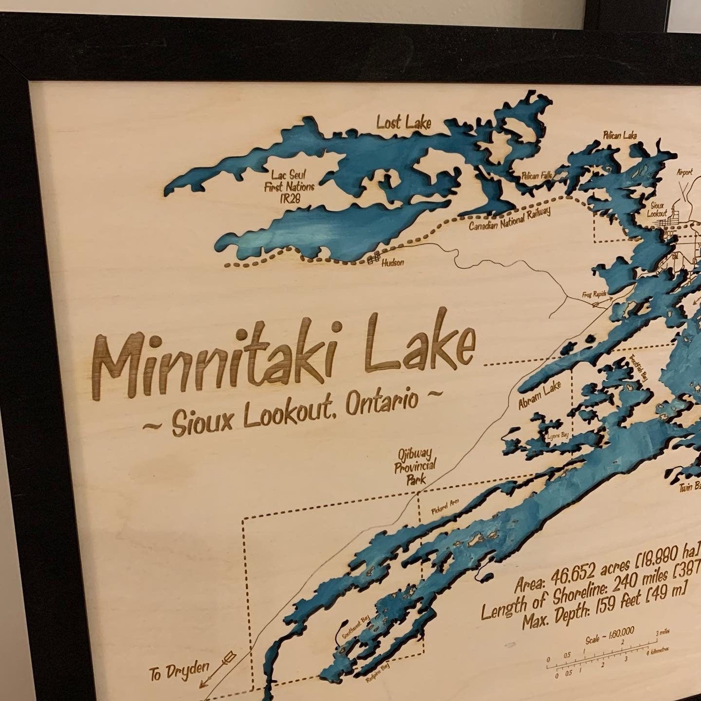 Laser Cut Engraved Wood - Minnetaki Lake Map - Sioux Lookout Ontario Canada Frame Trim 16x20 Inches