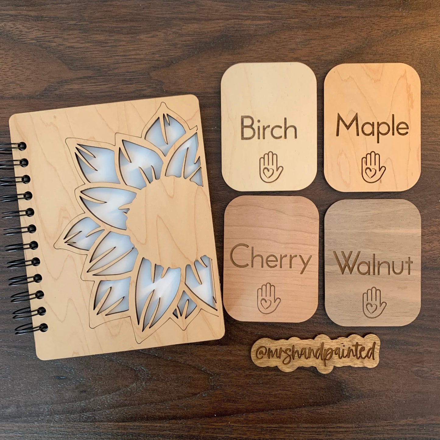 Personalized Watercolor Sketchbook, Sunflower Cutout Laser Engraved Wood, Spiral Binding with Cotton Watercolor Paper or Sketchpaper