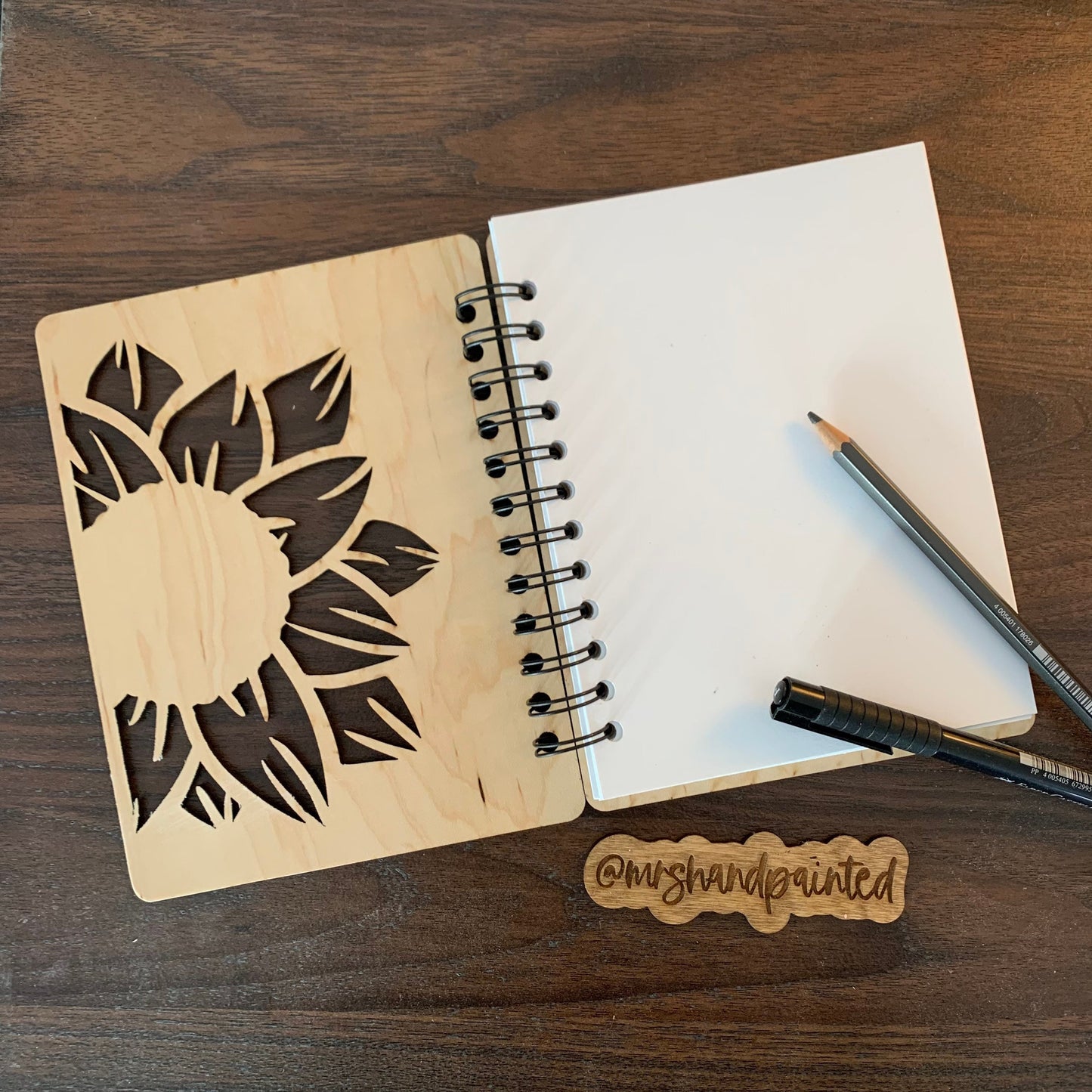 Personalized Watercolor Sketchbook, Sunflower Cutout Laser Engraved Wood, Spiral Binding with Cotton Watercolor Paper or Sketchpaper