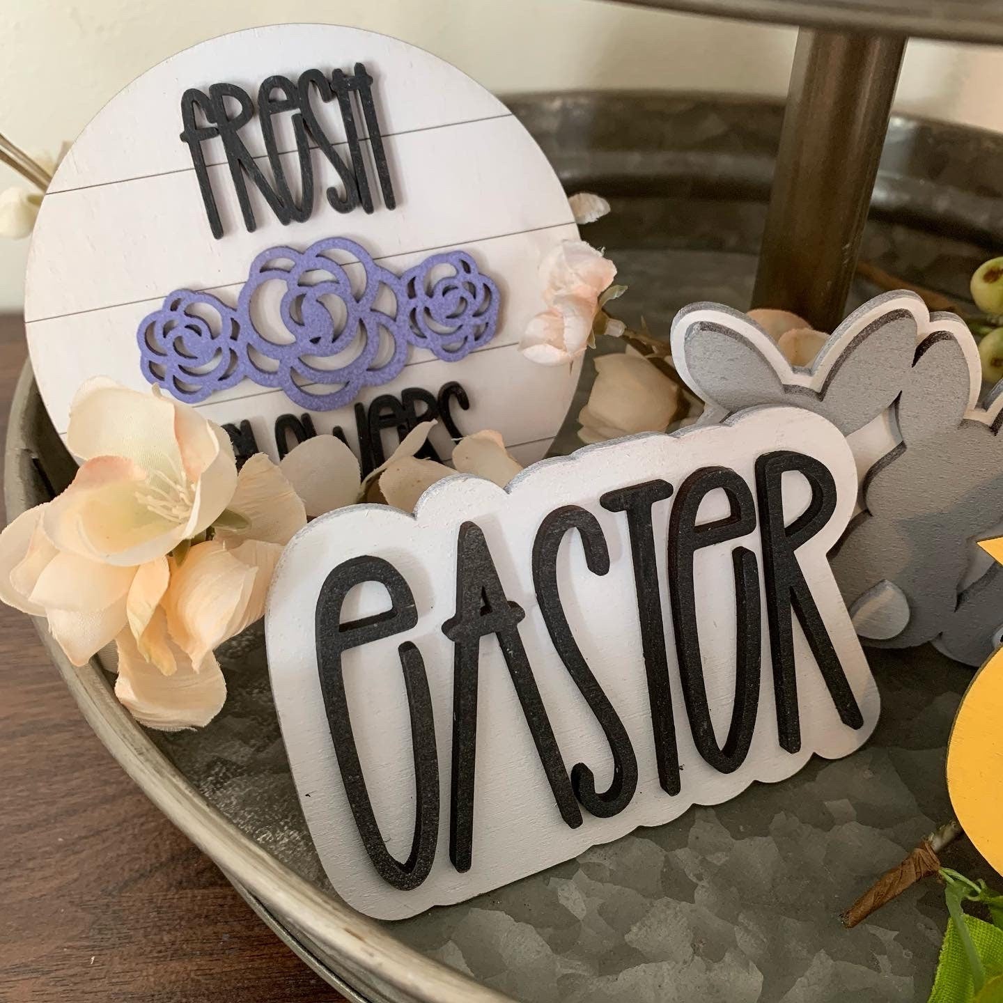 Farmhouse Style Easter and Spring Tiered Tray Decor - Laser Cut Wood Painted