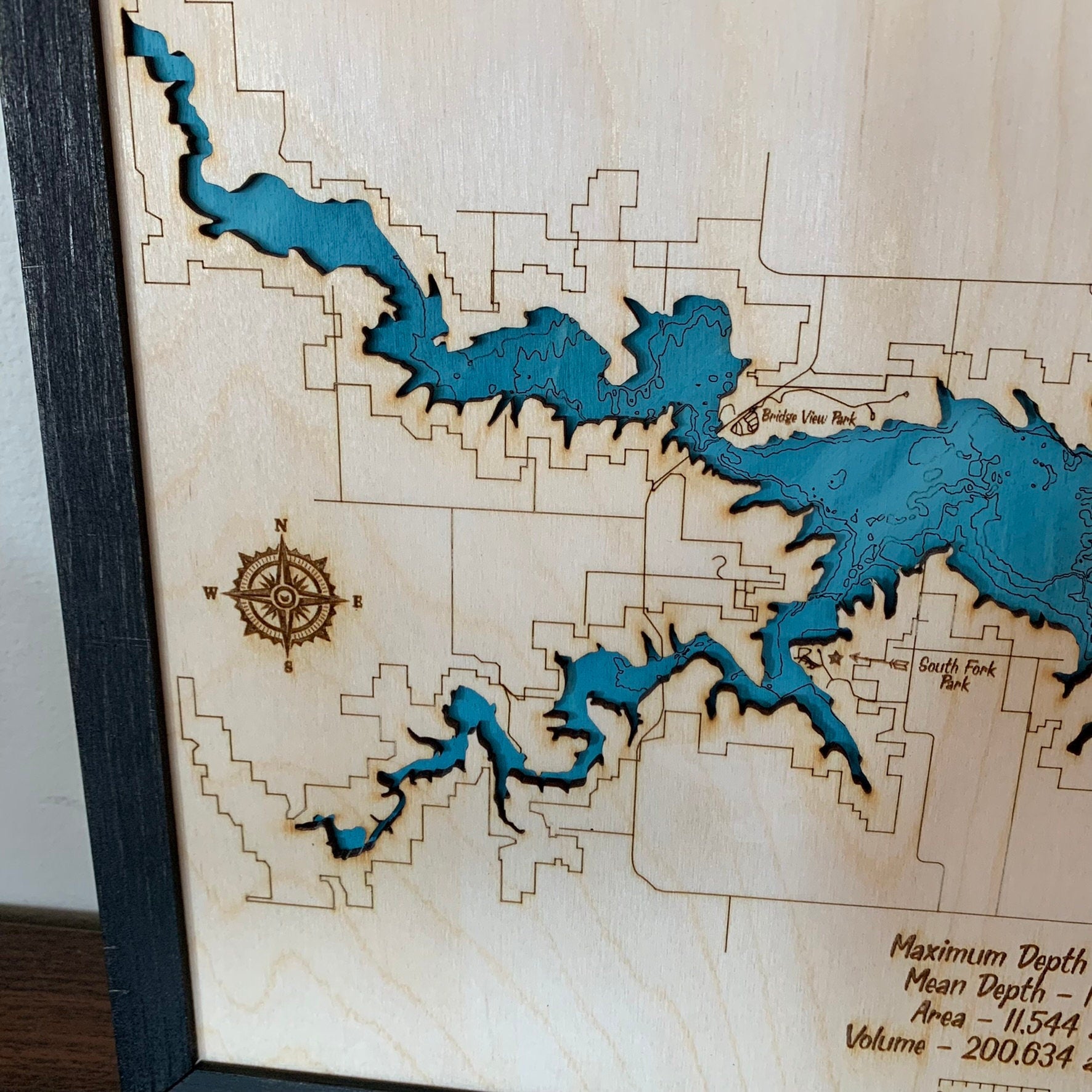 Laser Cut Engraved Wood Lake Map - Rathbun Lake - Appanoose County Iowa