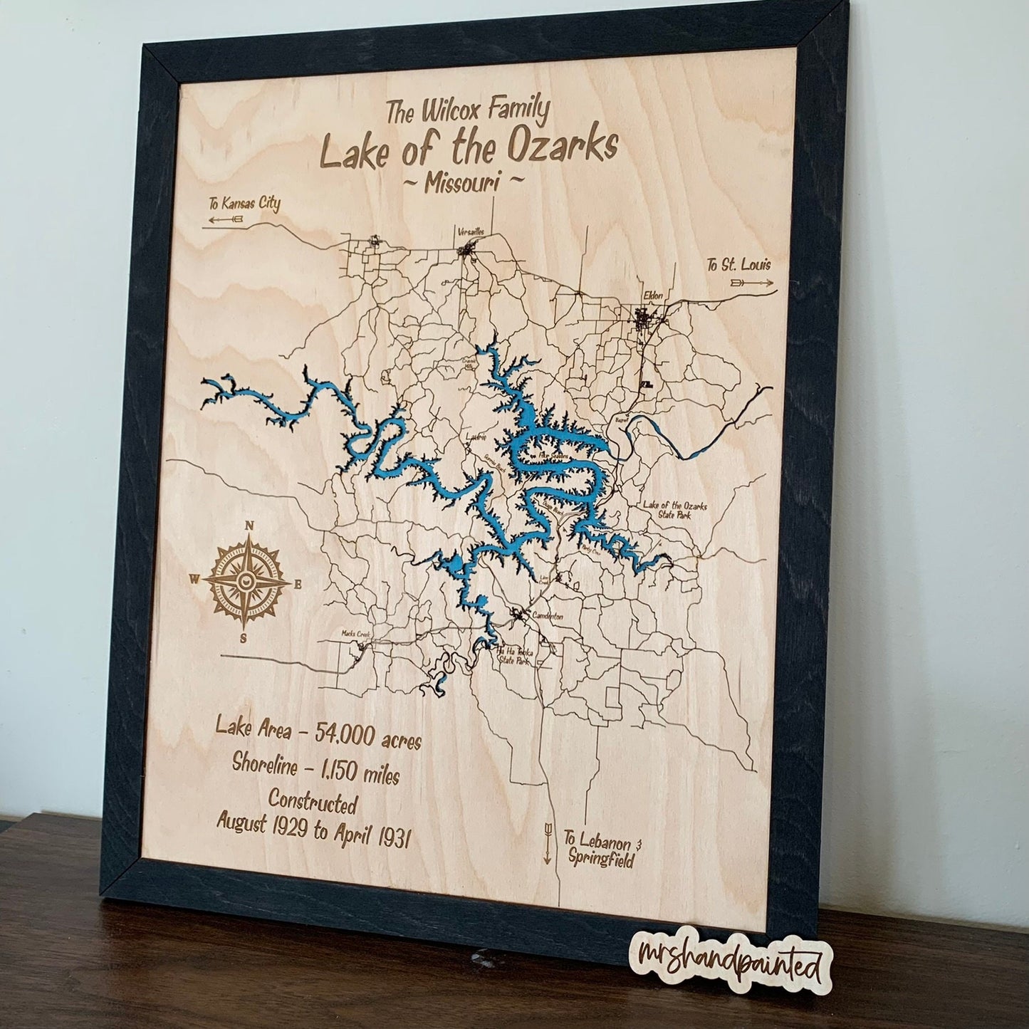 Laser Cut Engraved Wood Lake Map - Lake of the Ozarks - Missouri