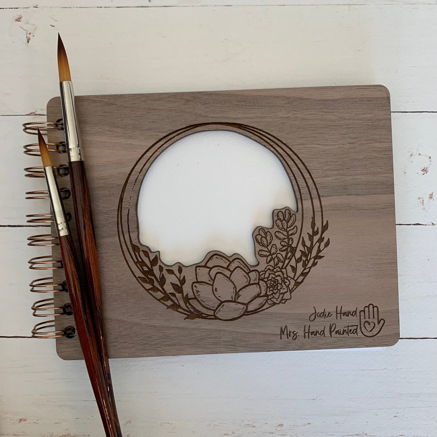 Personalized Watercolor Sketchbook, Hand Drawn Succulent Wreath Laser Engraved Wood, Spiral Binding with Cotton Watercolor Paper