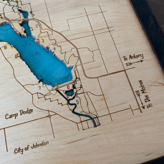 Laser Cut Engraved Wood Lake Map - Saylorville Lake, Des Moines, Iowa - Custom Lake Map Framed