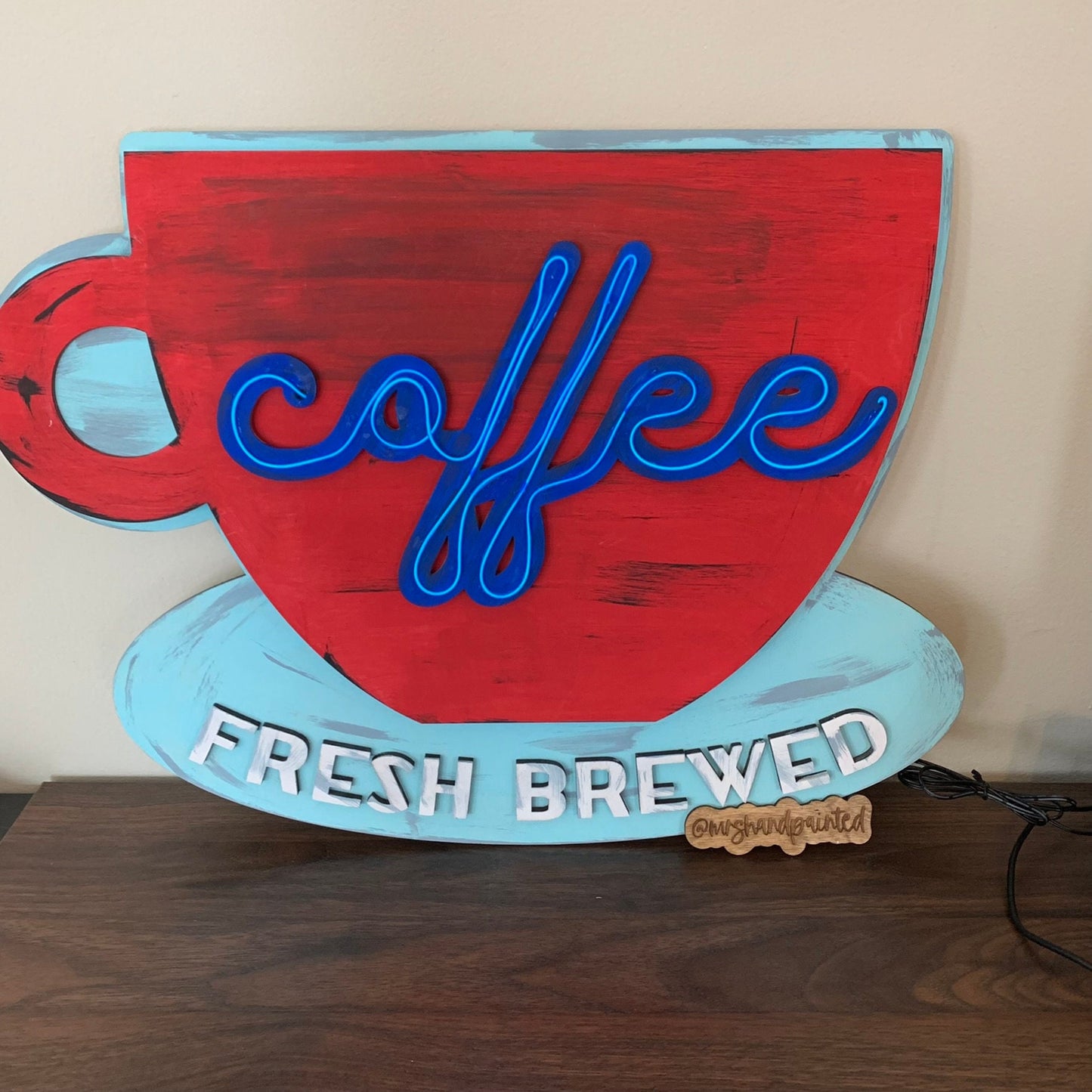 Faux Neon Coffee Cup Sign - Retro Style Wall Hanging - Laser Cut Wood - Fresh Brewed Coffee Neon Sign