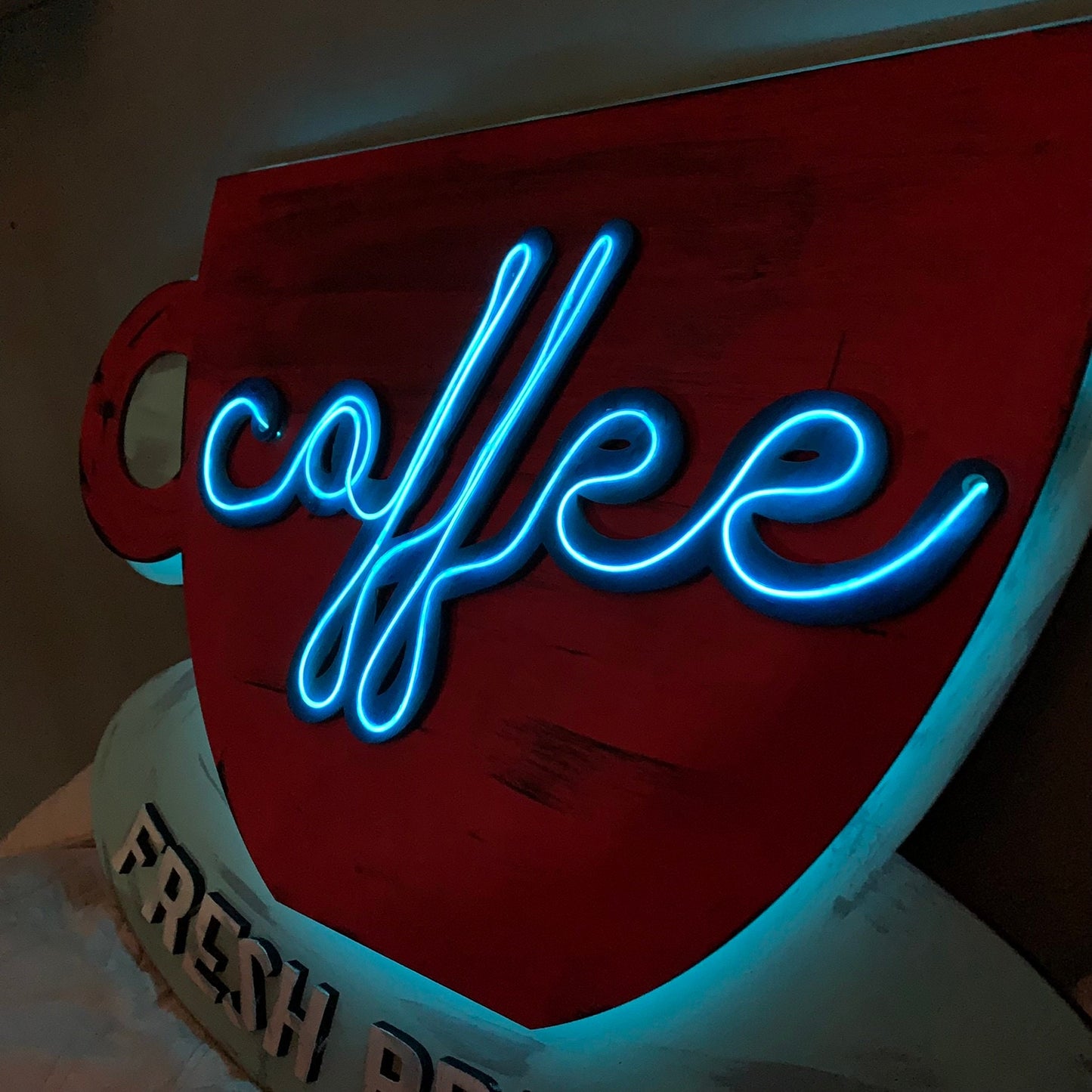 Faux Neon Coffee Cup Sign - Retro Style Wall Hanging - Laser Cut Wood - Fresh Brewed Coffee Neon Sign