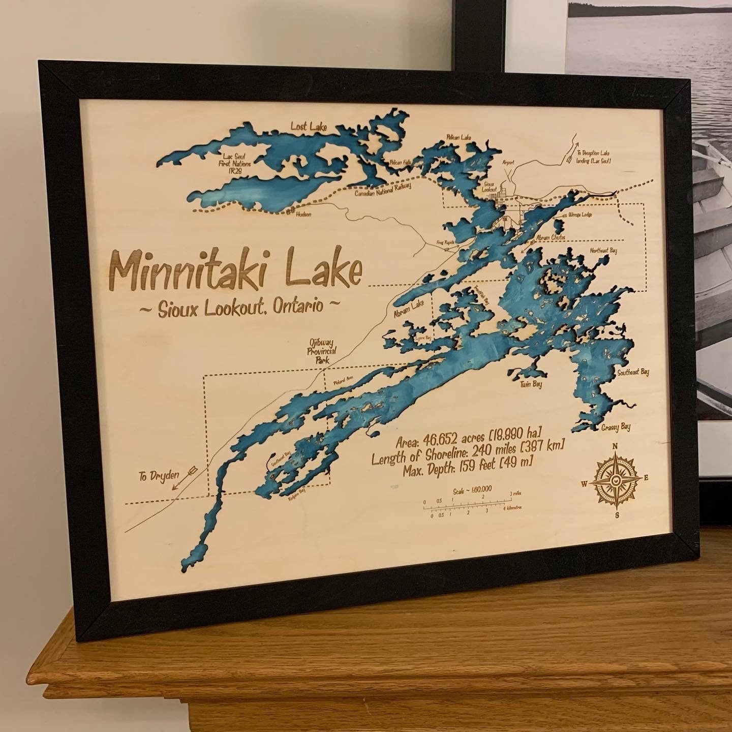 Laser Cut Engraved Wood - Minnetaki Lake Map - Sioux Lookout Ontario Canada Frame Trim 16x20 Inches