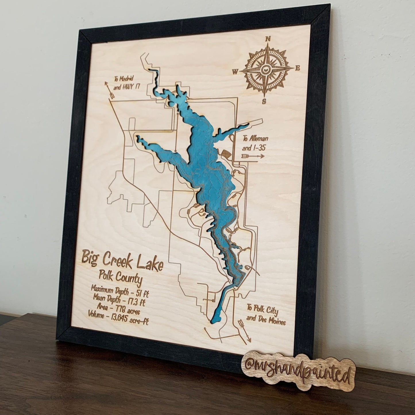 Laser Cut Engraved Wood Lake Map - Big Creek Lake Map - Polk County Des Moines Iowa - Frame Trim