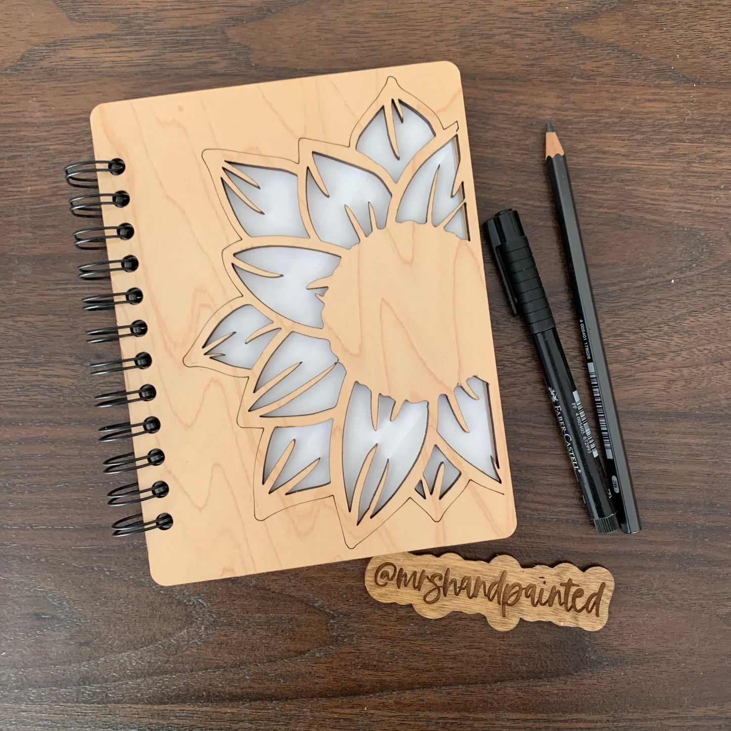 Personalized Watercolor Sketchbook, Sunflower Cutout Laser Engraved Wood, Spiral Binding with Cotton Watercolor Paper or Sketchpaper