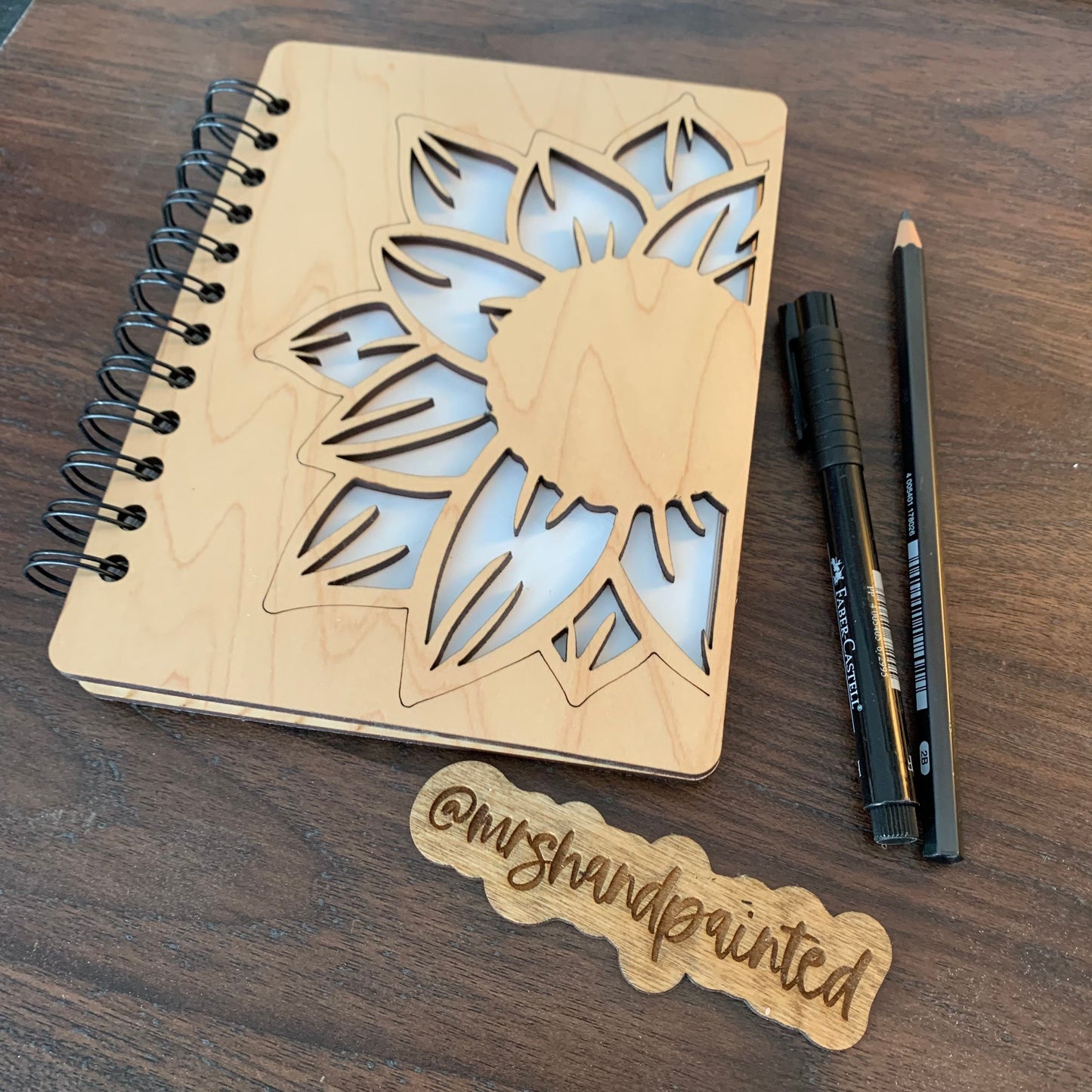 Personalized Watercolor Sketchbook, Sunflower Cutout Laser Engraved Wood, Spiral Binding with Cotton Watercolor Paper or Sketchpaper