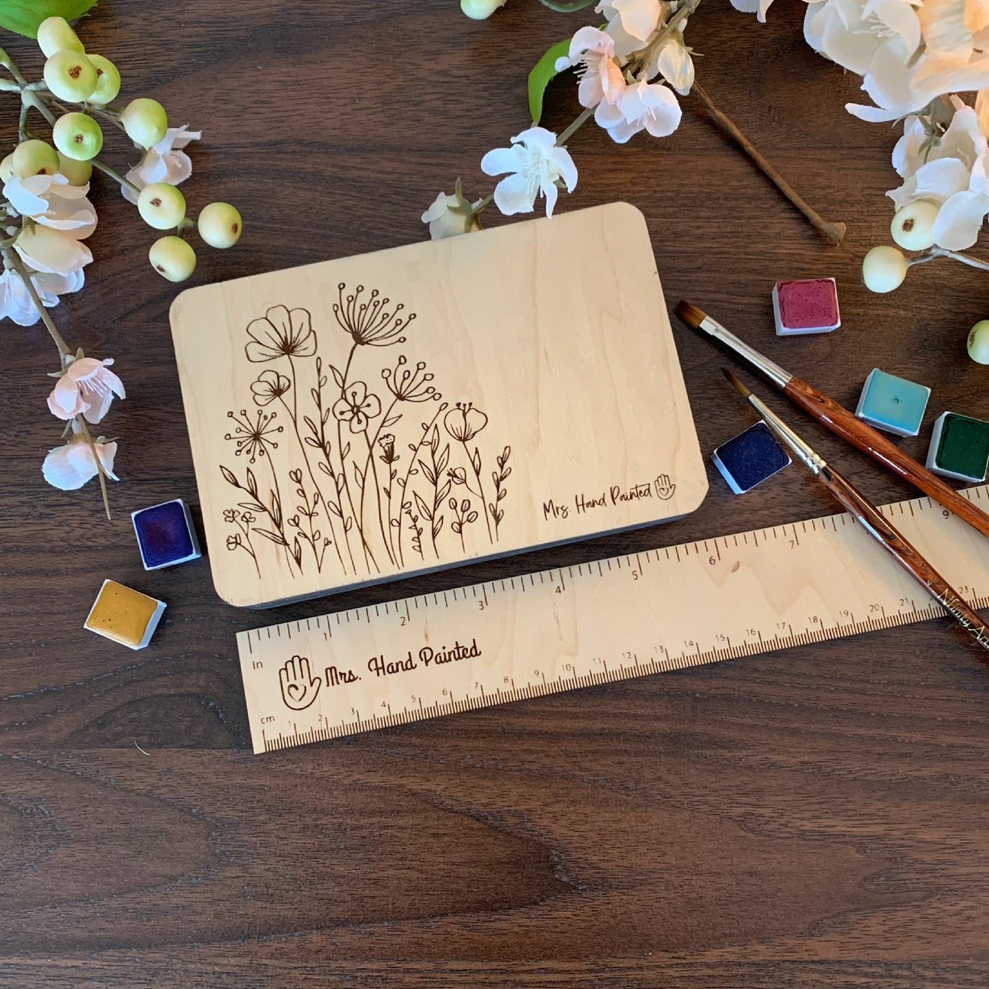 Custom Engraved Wood Watercolor Box with Hand Drawn Floral Doodle Design and Personalization