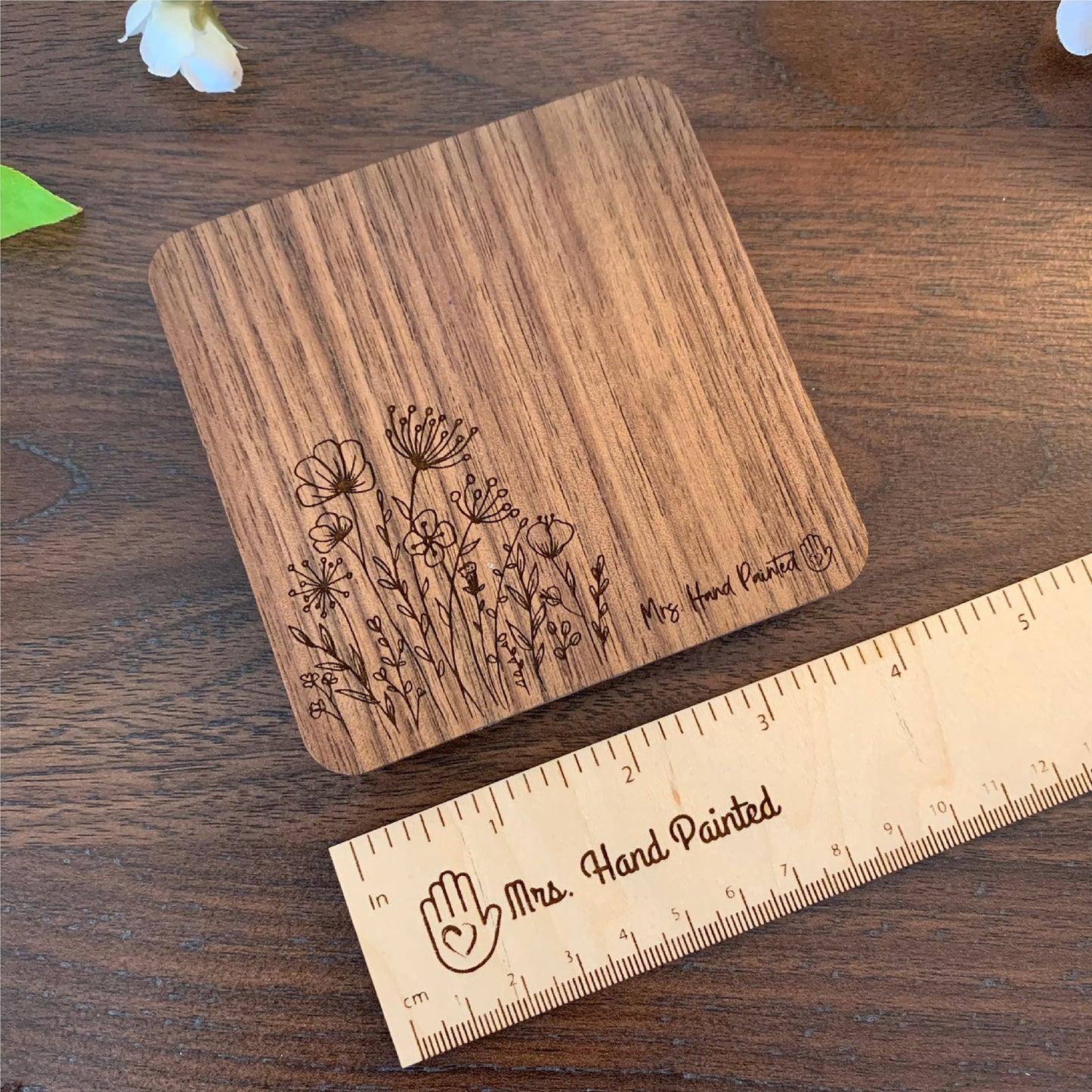 Custom Engraved Wood Watercolor Box with Hand Drawn Floral Doodle Design and Personalization