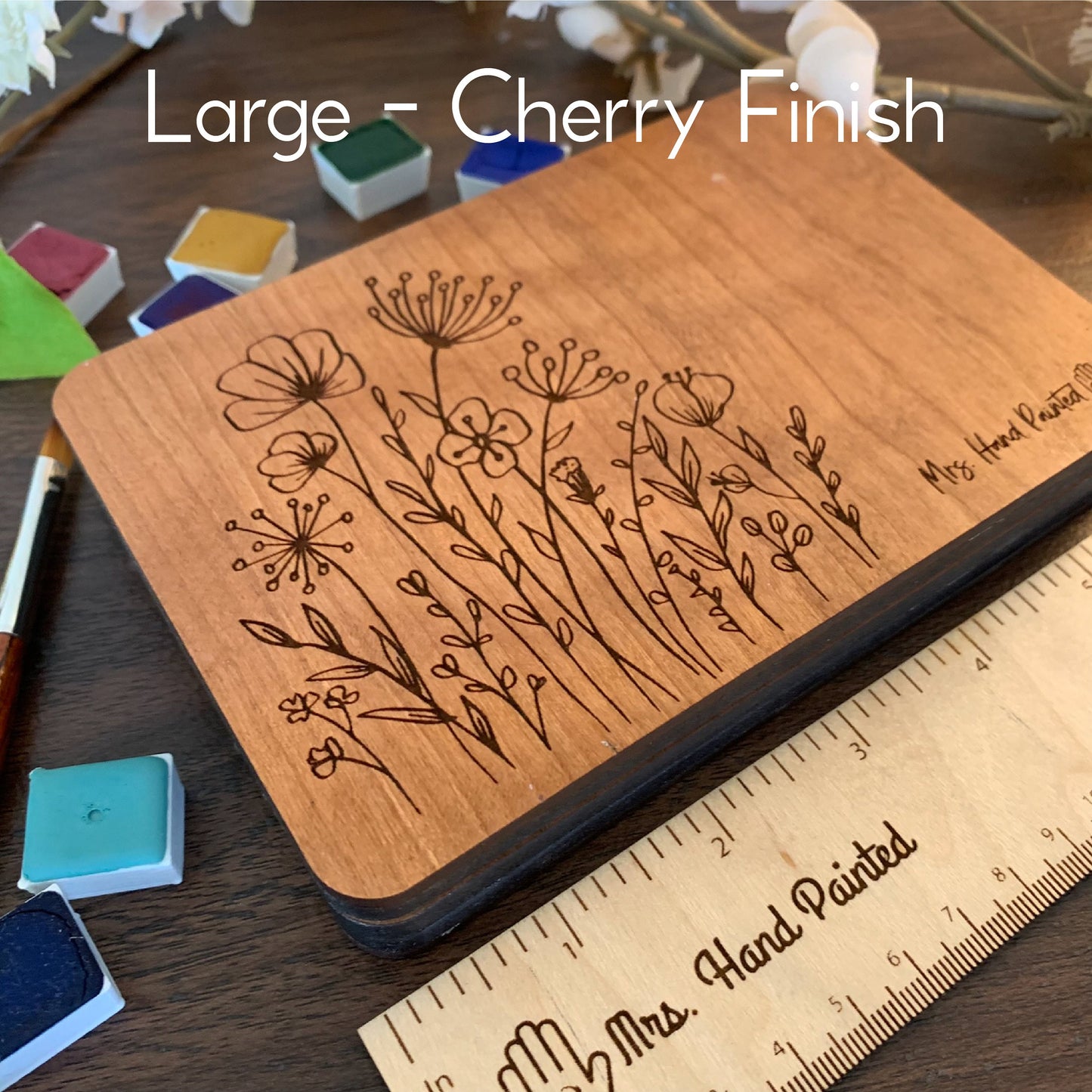 Hand Drawn Poppy Floral Engraved Wood Watercolor Box with Personalization