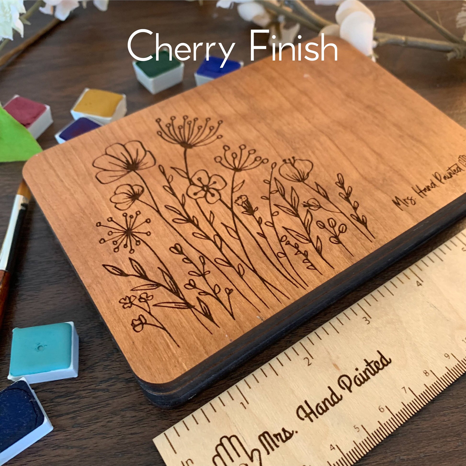 Custom Laser Engraved Wood Sketchbook - Poppy Floral Motif