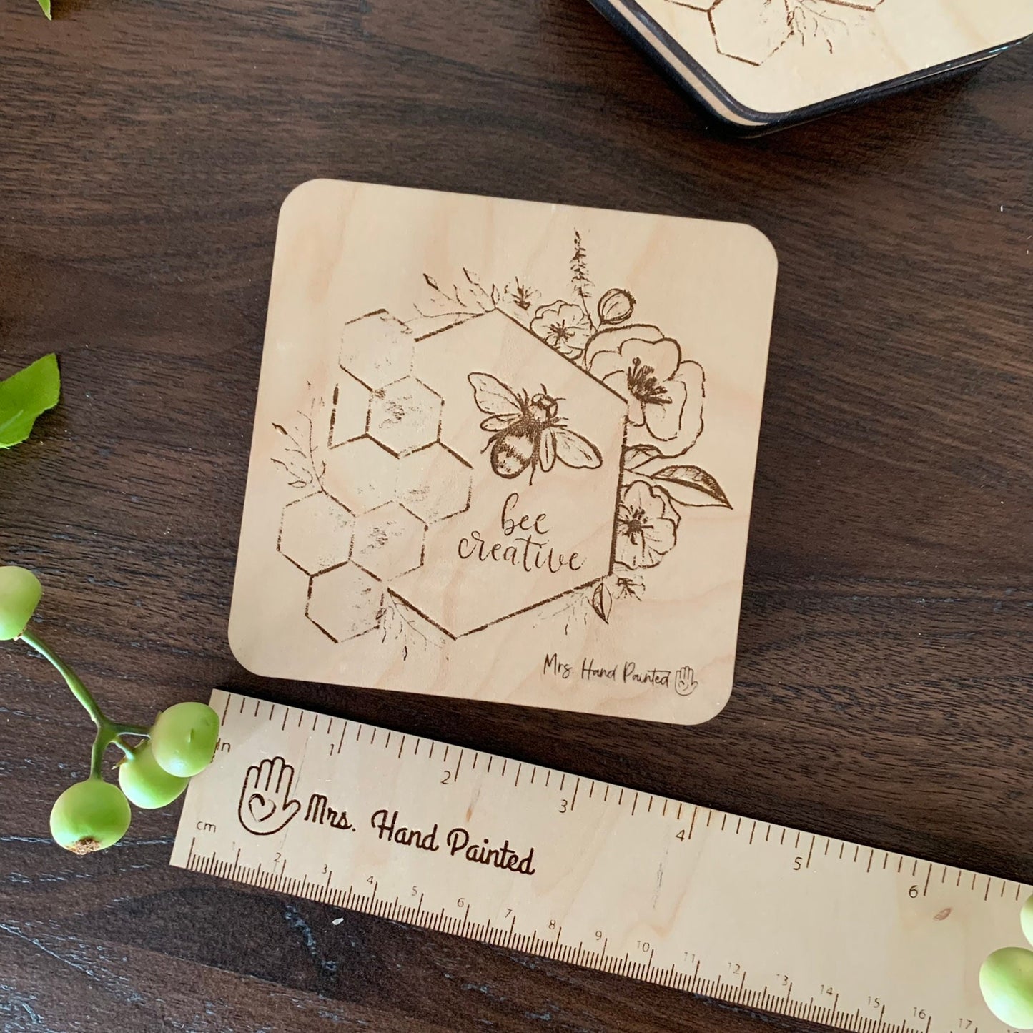Bee Creative - Honeybee - Custom Engraved Wood Watercolor Box with Hand Drawn Design