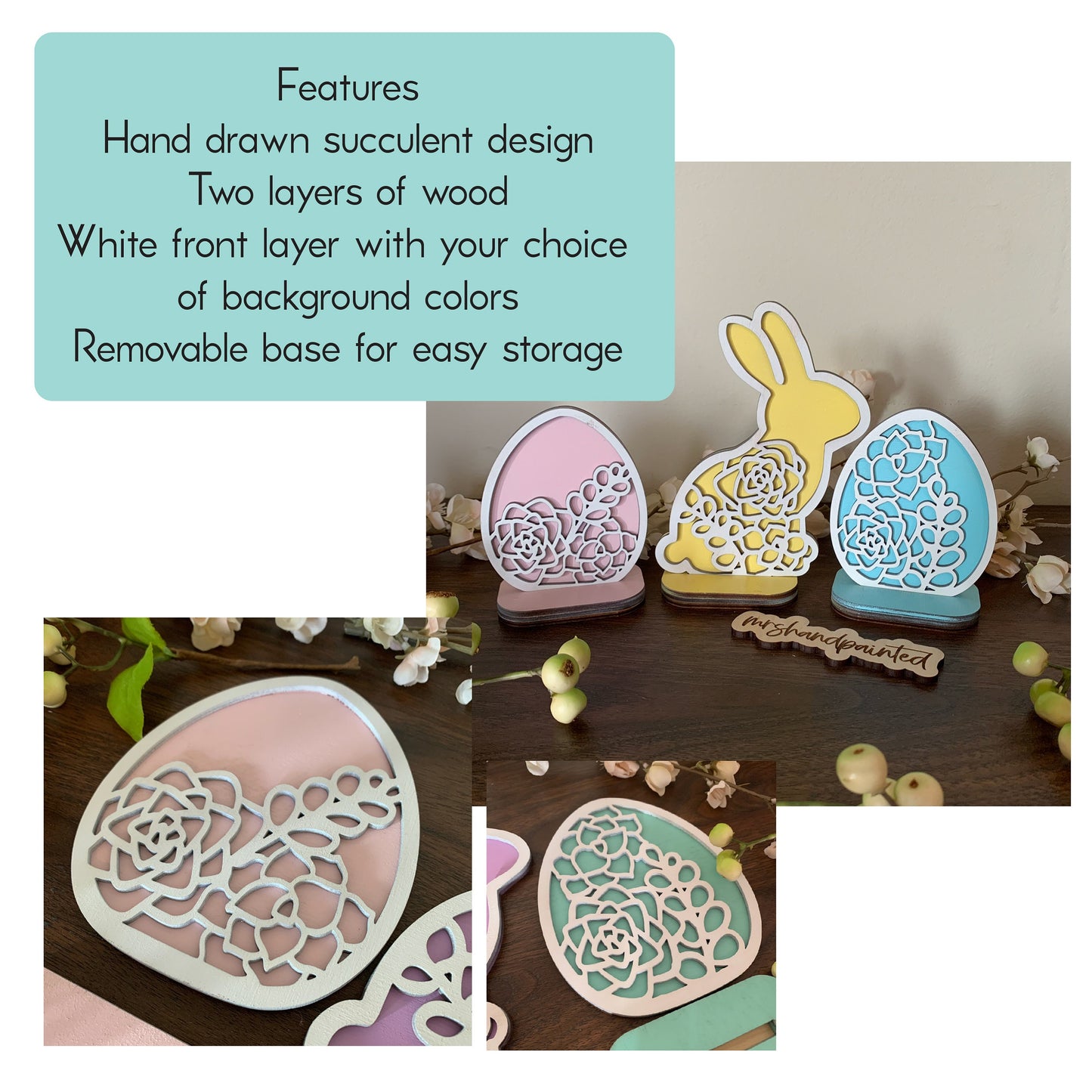 Layered Laser Cut Succulent Motif Easter Bunny and Eggs - Standing Shelf Sitter