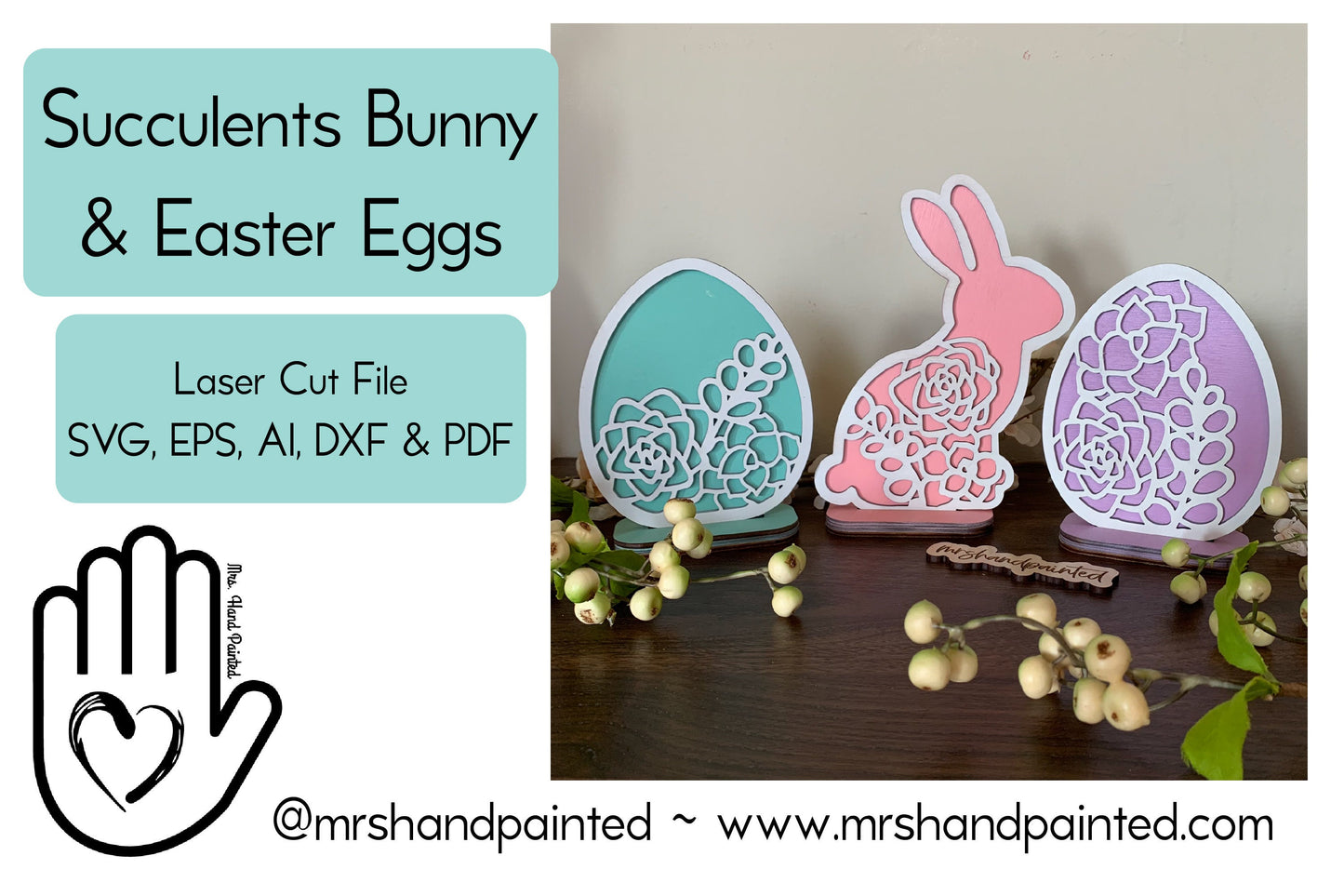 Laser Cut File - Succulents Standing Easter Bunny and Eggs - Digital Download SVG, DXF, AI files