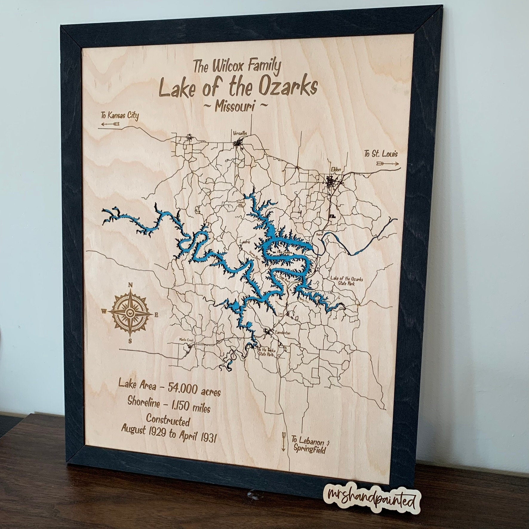 Laser Cut Engraved Wood Lake Map - Lake of the Ozarks - Missouri