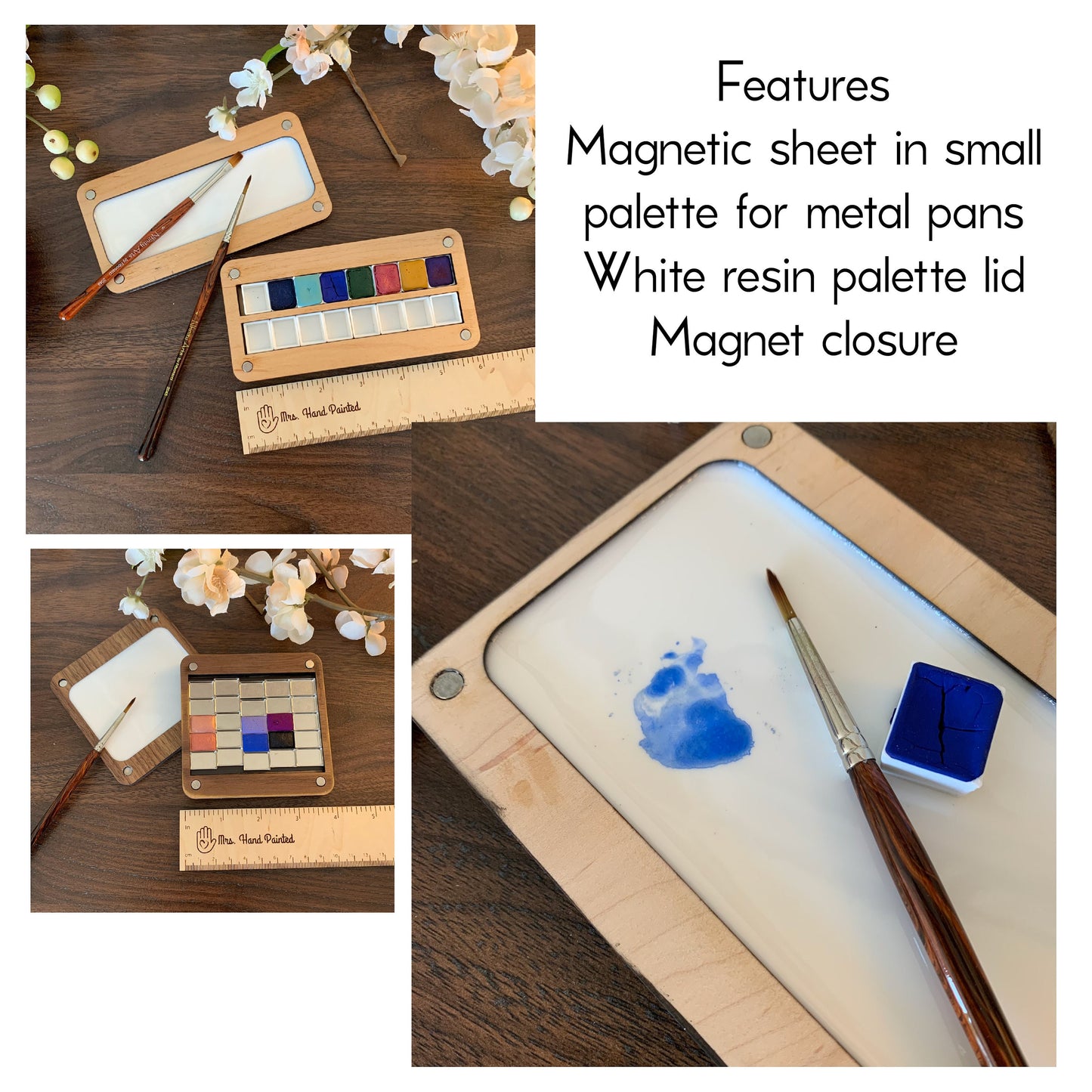 Custom Engraved Wood Watercolor Box with Hand Drawn Floral Doodle Design and Personalization